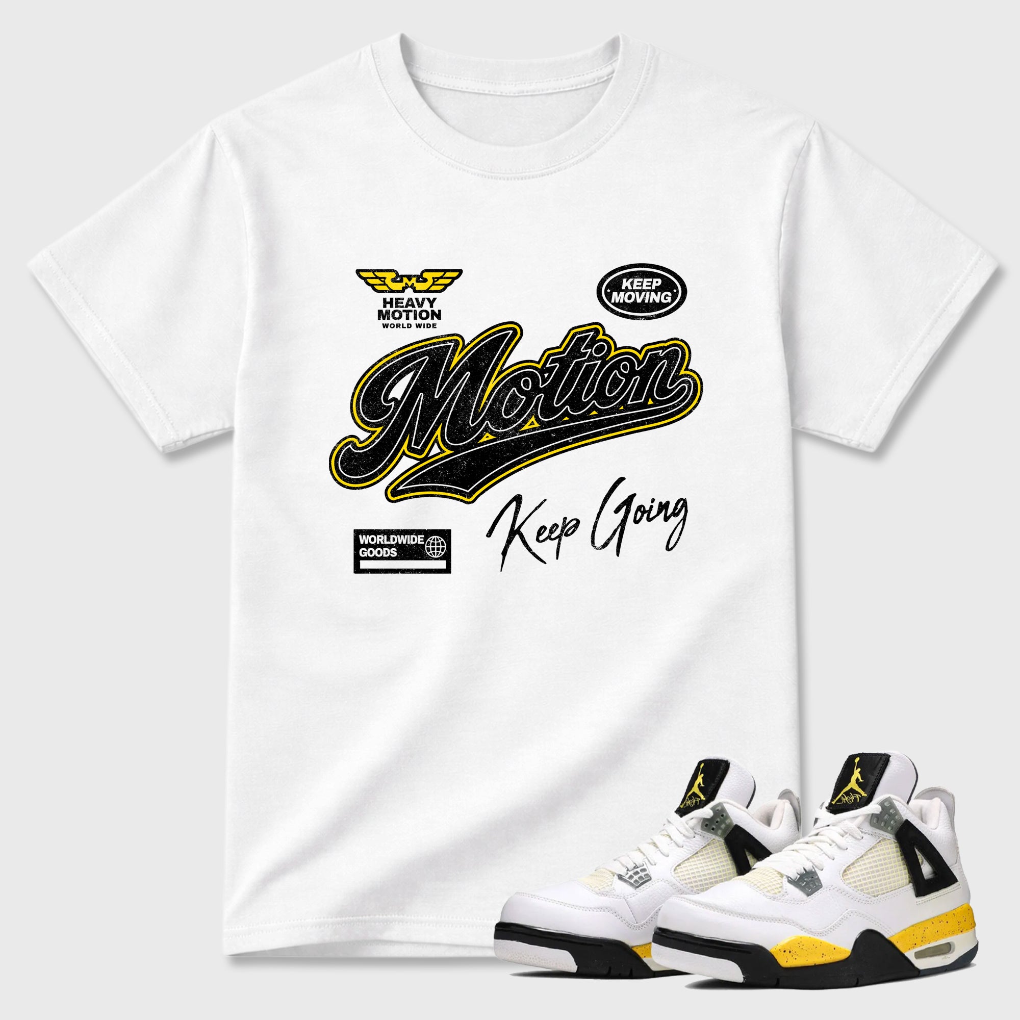 Heavy Motion Graphic T-Shirt featuring original streetwear artwork designed to match the Air Jordan 4 Tour Yellow. White 1 Graphic T-Shirt.