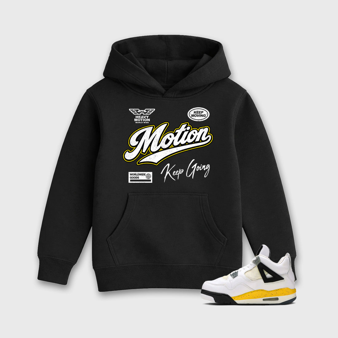 Heavy Motion Baby & Kids Graphic Hoodie featuring original artwork designed to match the Air Jordan 4 Tour Yellow. Black 1 Kids Graphic Sweater.