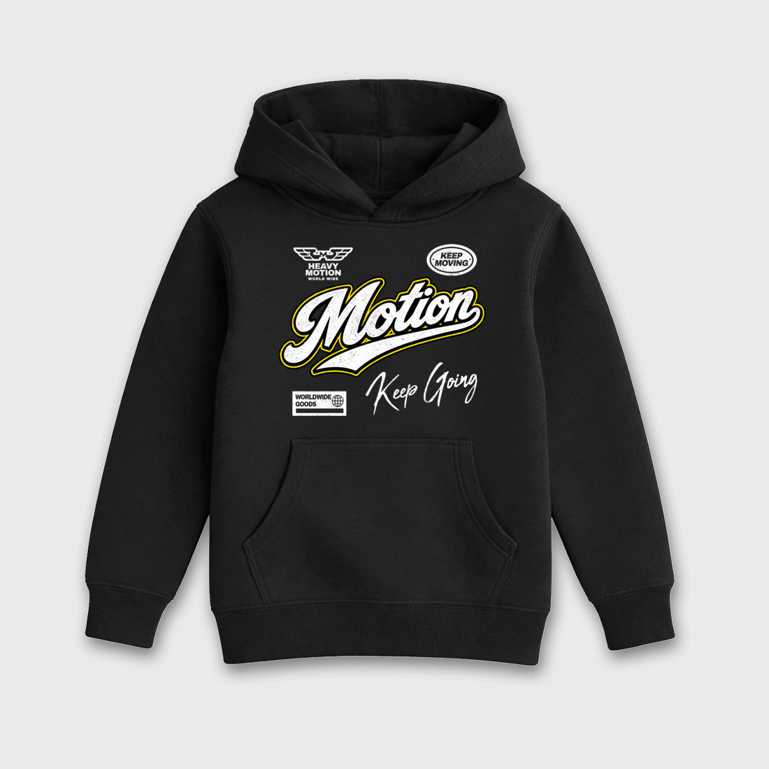 Heavy Motion Baby & Kids Graphic Hoodie featuring original artwork designed to match the Air Jordan 4 Tour Yellow. Black 2 Kids Graphic Sweater.