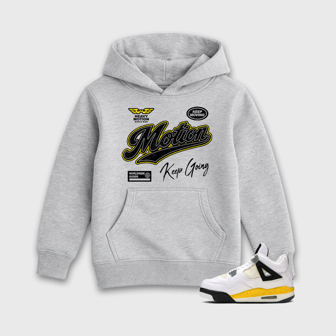 Heavy Motion Baby & Kids Graphic Hoodie featuring original artwork designed to match the Air Jordan 4 Tour Yellow. Heather Grey 1 Kids Graphic Sweater.