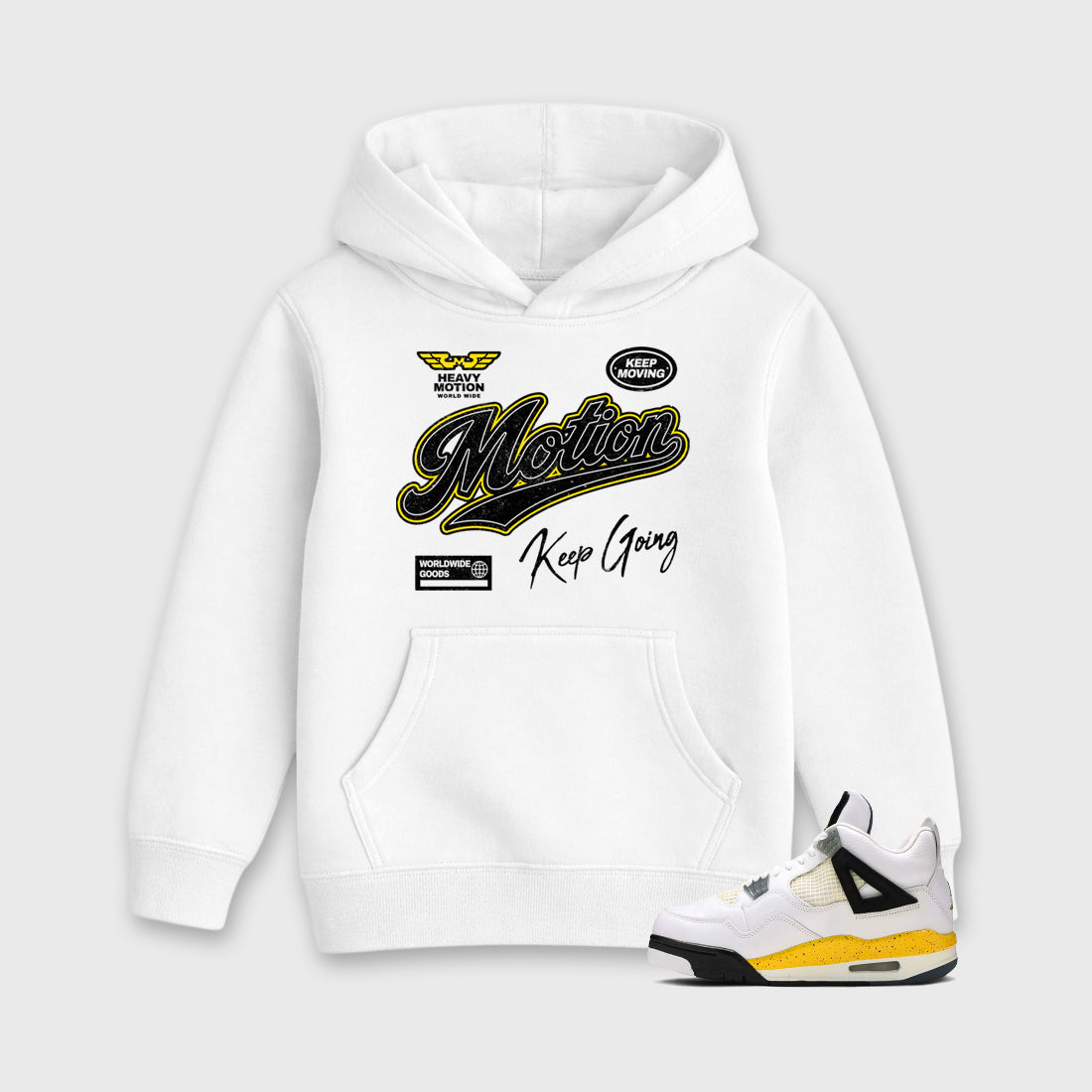 Heavy Motion Baby & Kids Graphic Hoodie featuring original artwork designed to match the Air Jordan 4 Tour Yellow. White 1 Kids Graphic Sweater.
