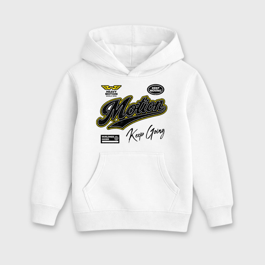Heavy Motion Baby & Kids Graphic Hoodie featuring original artwork designed to match the Air Jordan 4 Tour Yellow. White 2 Kids Graphic Sweater.