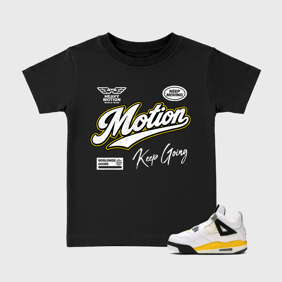Heavy Motion Baby & Kids Graphic T-Shirt featuring original artwork designed to match the Air Jordan 4 Tour Yellow. Black 1 Kids Graphic Tee.