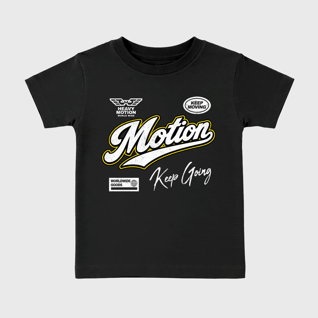 Heavy Motion Baby & Kids Graphic T-Shirt featuring original artwork designed to match the Air Jordan 4 Tour Yellow. Black 2 Kids Graphic Tee.