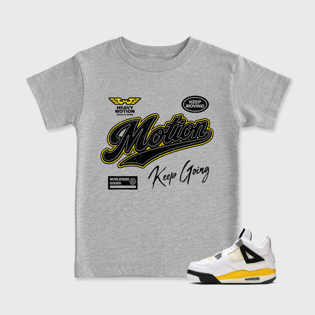 Heavy Motion Baby & Kids Graphic T-Shirt featuring original artwork designed to match the Air Jordan 4 Tour Yellow. Heather Grey 1 Kids Graphic Tee.