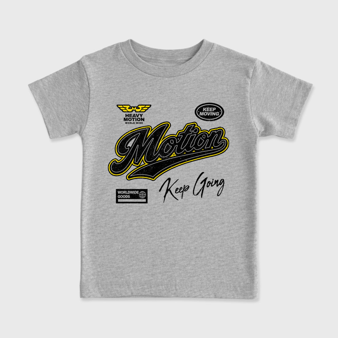 Heavy Motion Baby & Kids Graphic T-Shirt featuring original artwork designed to match the Air Jordan 4 Tour Yellow. Heather Grey 2 Kids Graphic Tee.