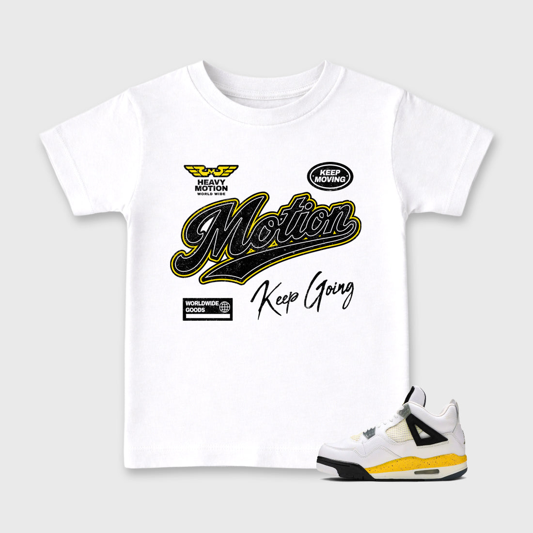 Heavy Motion Baby & Kids Graphic T-Shirt featuring original artwork designed to match the Air Jordan 4 Tour Yellow. White 1 Kids Graphic Tee.