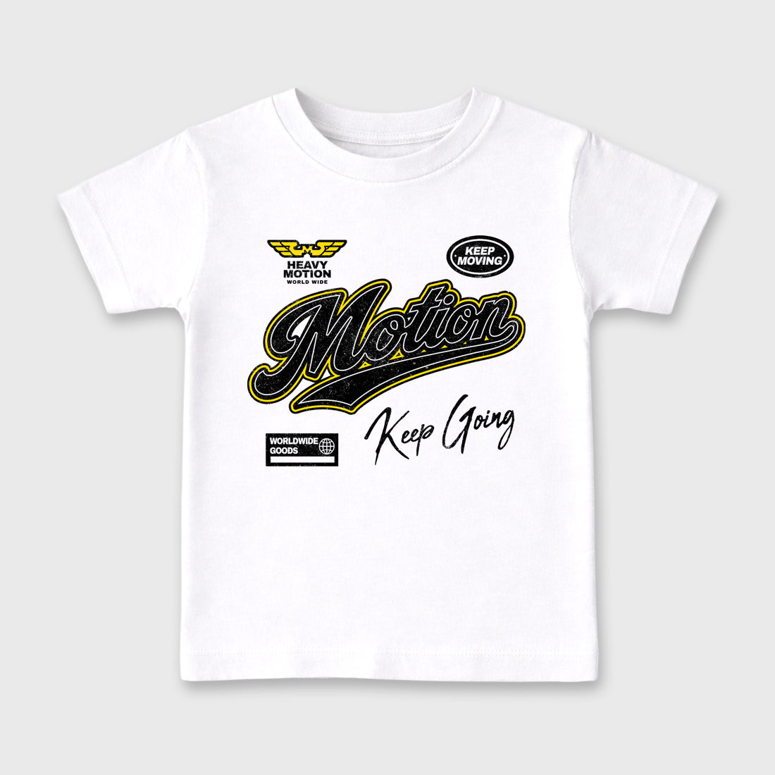 Heavy Motion Baby & Kids Graphic T-Shirt featuring original artwork designed to match the Air Jordan 4 Tour Yellow. White 2 Kids Graphic Tee.