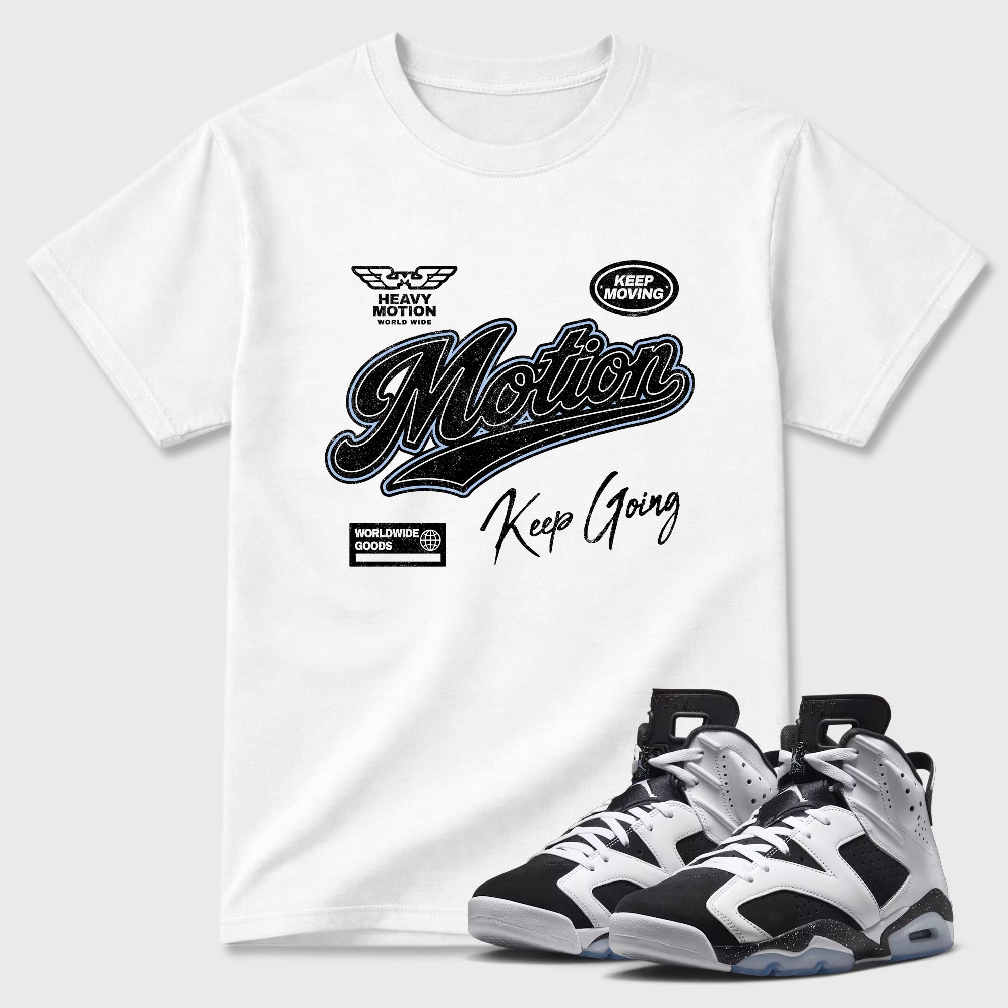 Heavy Motion Graphic T-Shirt featuring original streetwear artwork designed to match the Air Jordan 6 Black and White. White 1 Graphic T-Shirt.