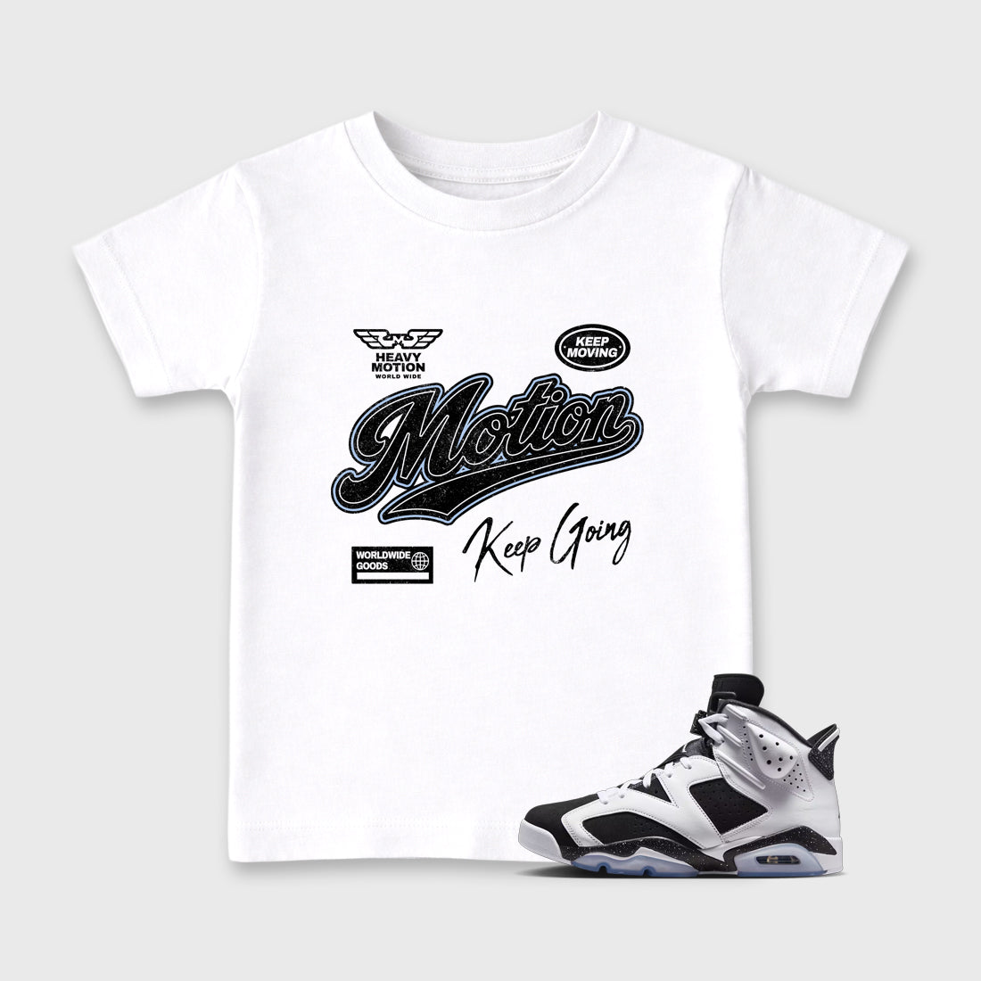 Heavy Motion Baby & Kids Graphic T-Shirt featuring original artwork designed to match the Air Jordan 6 Black and White. White 1 Kids Graphic Tee.