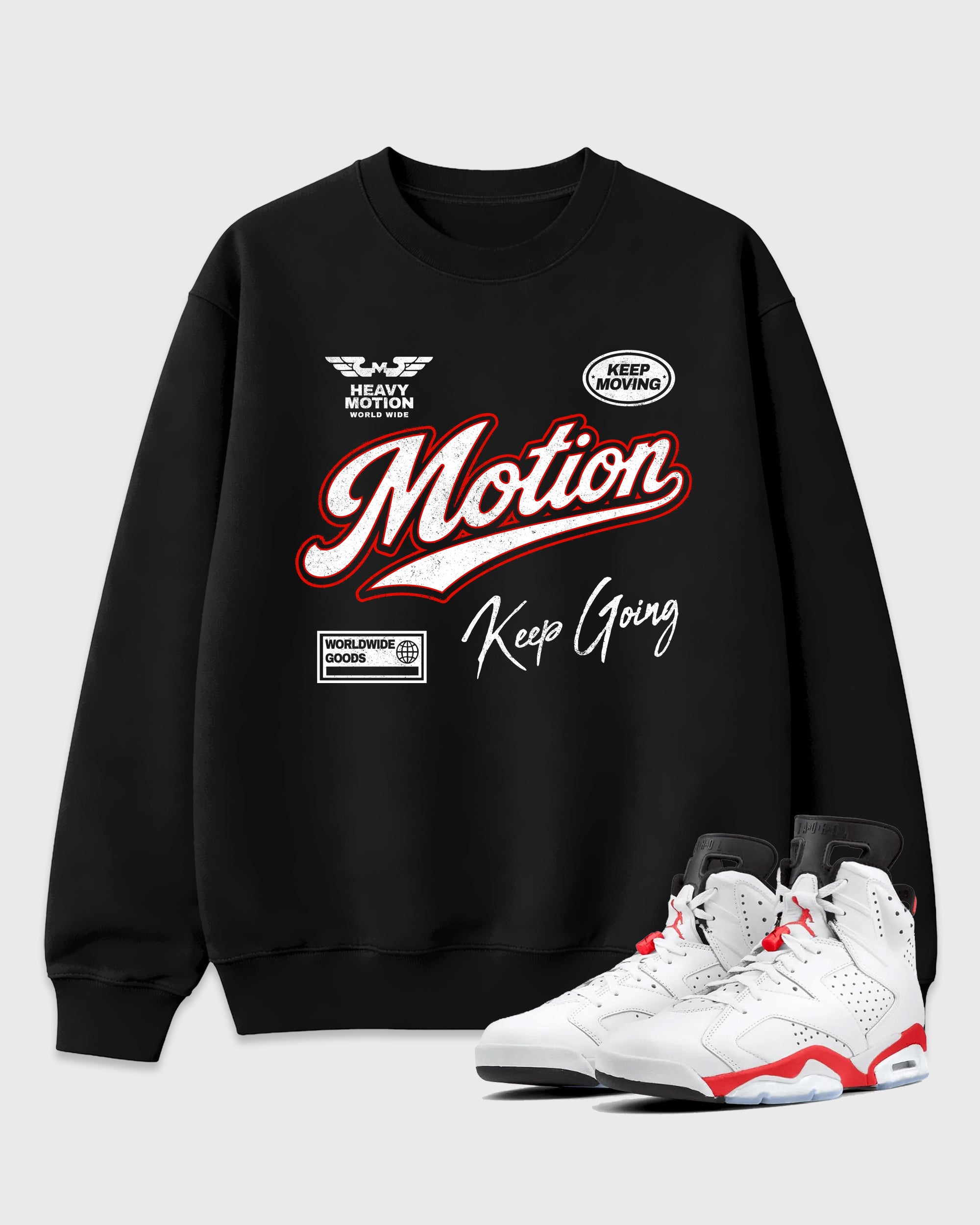 Heavy Motion Graphic T-Shirt featuring original streetwear artwork designed to match the Air Jordan 6 White Infrared. Black 1 Graphic Tee.