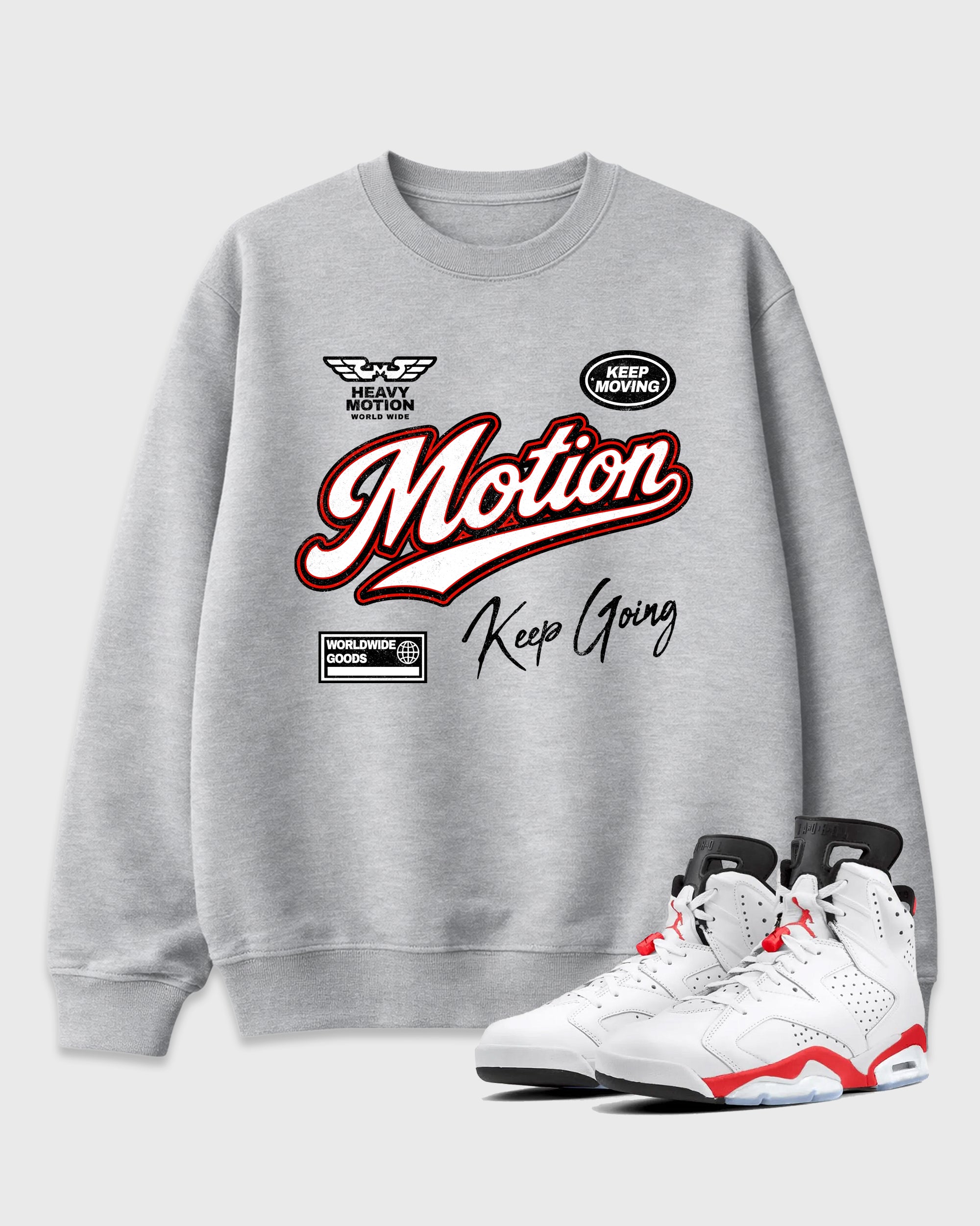 Heavy Motion Graphic T-Shirt featuring original streetwear artwork designed to match the Air Jordan 6 White Infrared. Heather Grey 1 Graphic Tee.