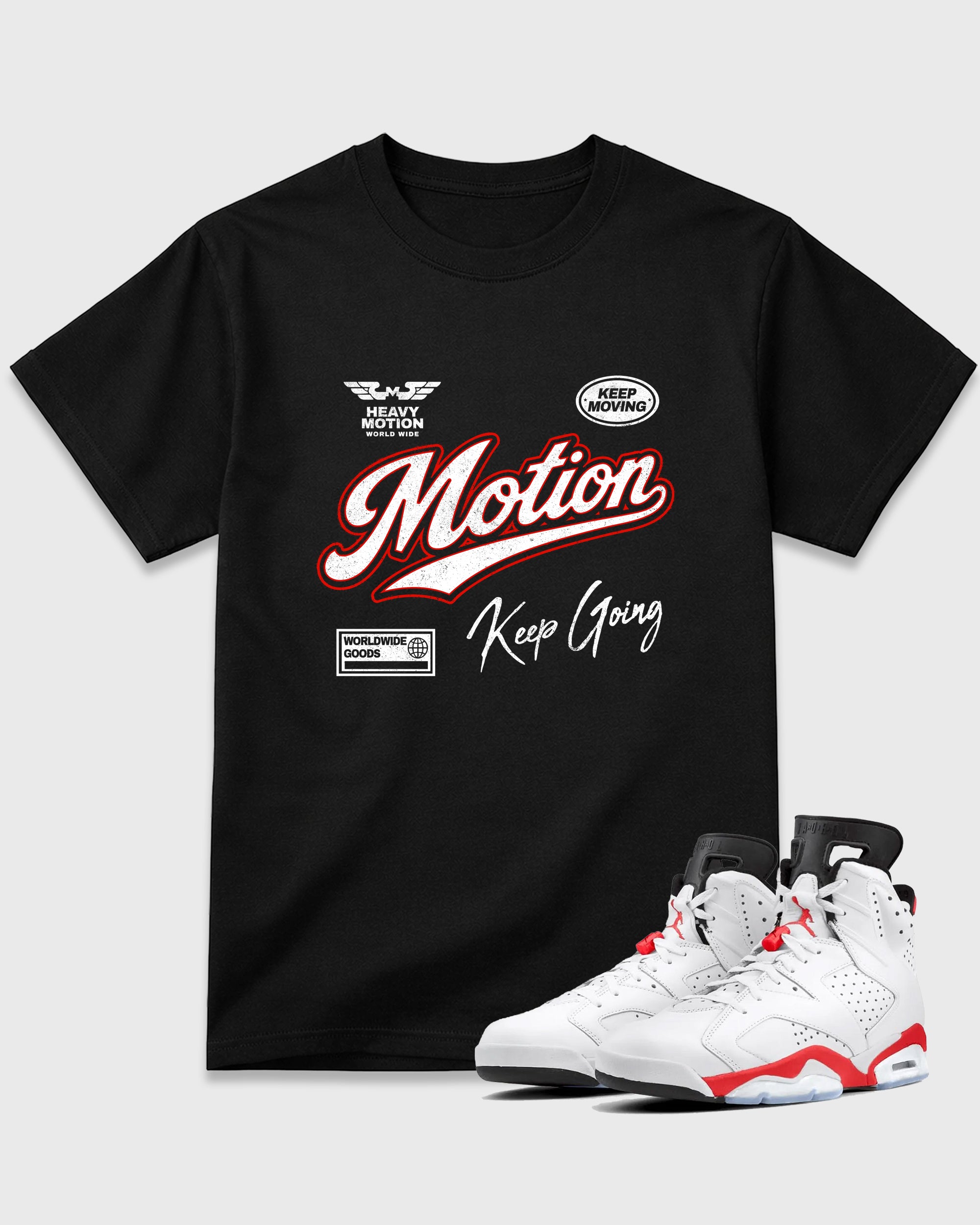 Heavy Motion Graphic T-Shirt featuring original streetwear artwork designed to match the Air Jordan 6 White Infrared. Black 1 Graphic T-Shirt.