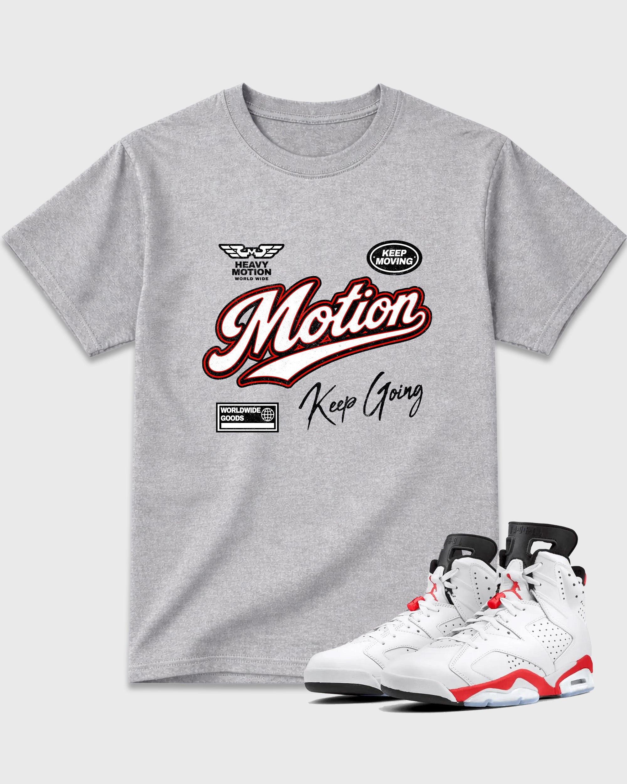 Heavy Motion Graphic T-Shirt featuring original streetwear artwork designed to match the Air Jordan 6 White Infrared. Heather Grey 1 Graphic T-Shirt.
