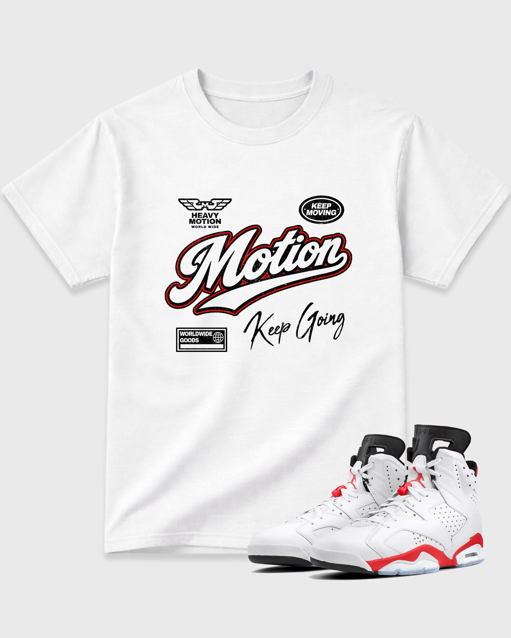 Heavy Motion Graphic T-Shirt featuring original streetwear artwork designed to match the Air Jordan 6 White Infrared. White 1 Graphic T-Shirt.
