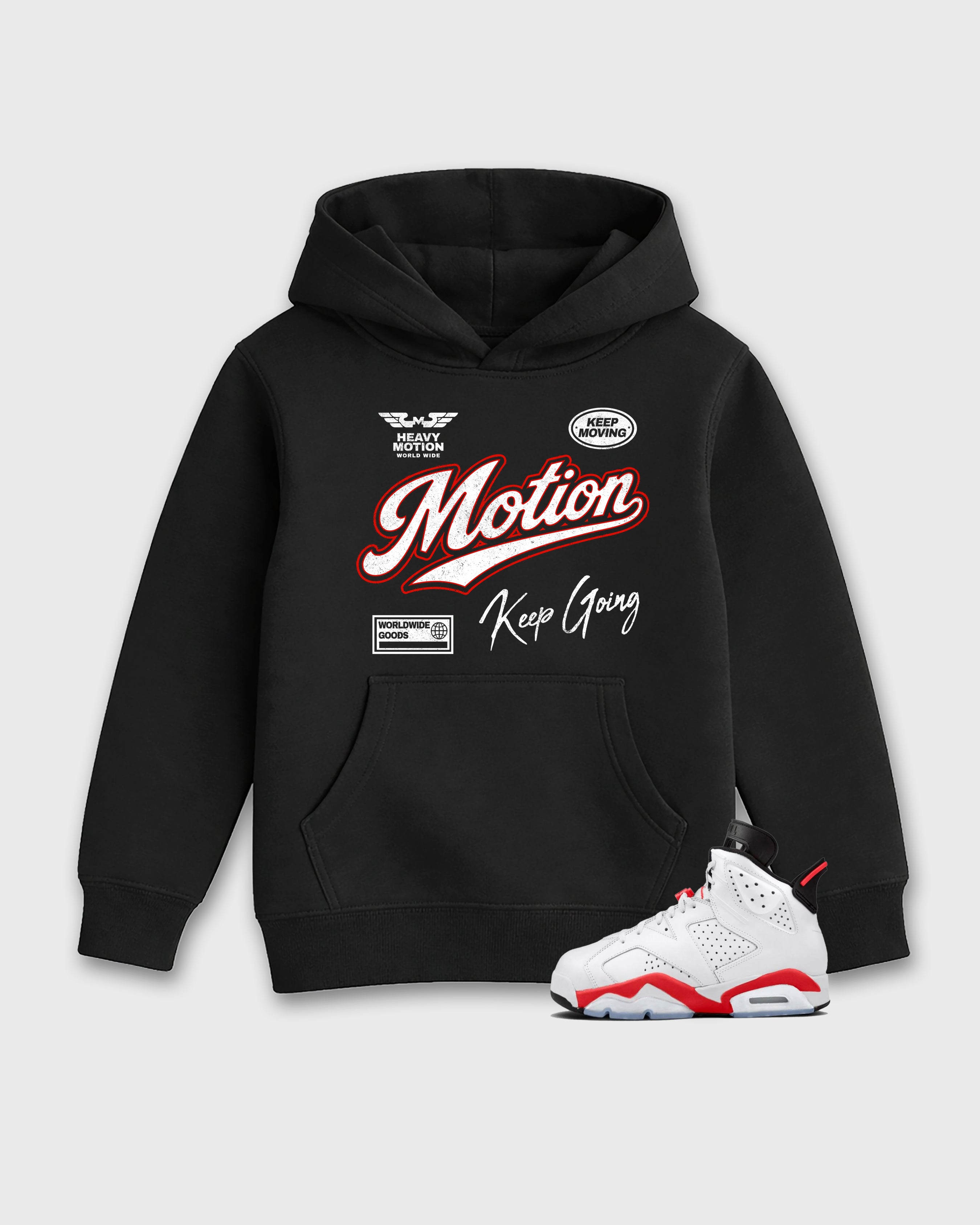 Heavy Motion Baby & Kids Graphic Hoodie featuring original artwork designed to match the Air Jordan 6 White Infrared. Black 1 Kids Graphic Sweater.