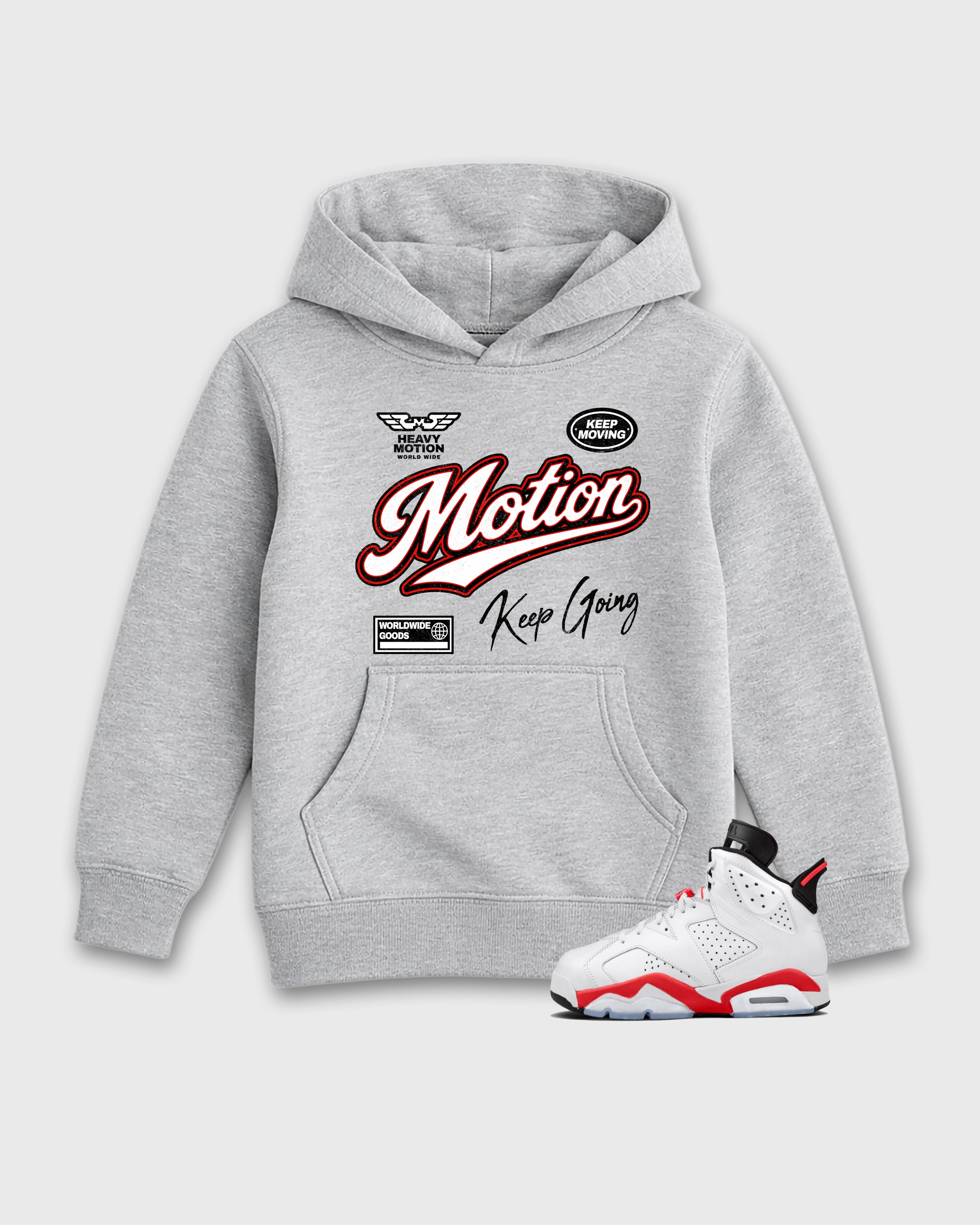 Heavy Motion Baby & Kids Graphic Hoodie featuring original artwork designed to match the Air Jordan 6 White Infrared. Heather Grey 1 Kids Graphic Sweater.