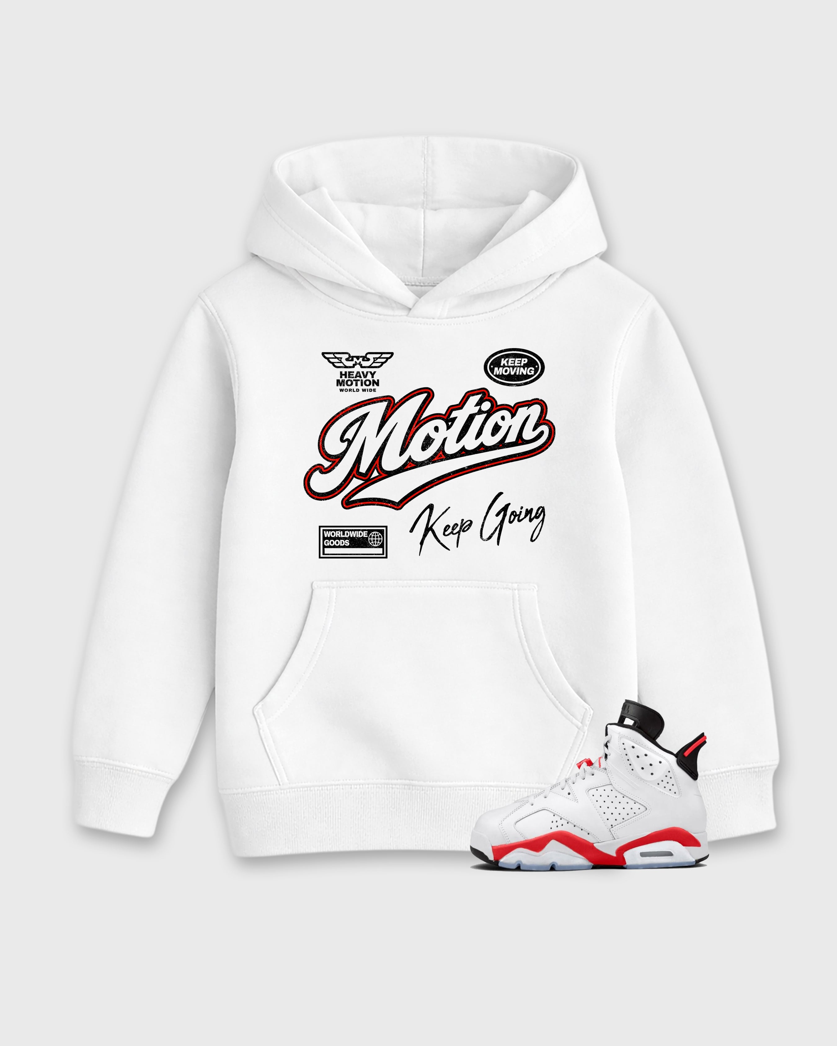 Heavy Motion Baby & Kids Graphic Hoodie featuring original artwork designed to match the Air Jordan 6 White Infrared. White 1 Kids Graphic Sweater.