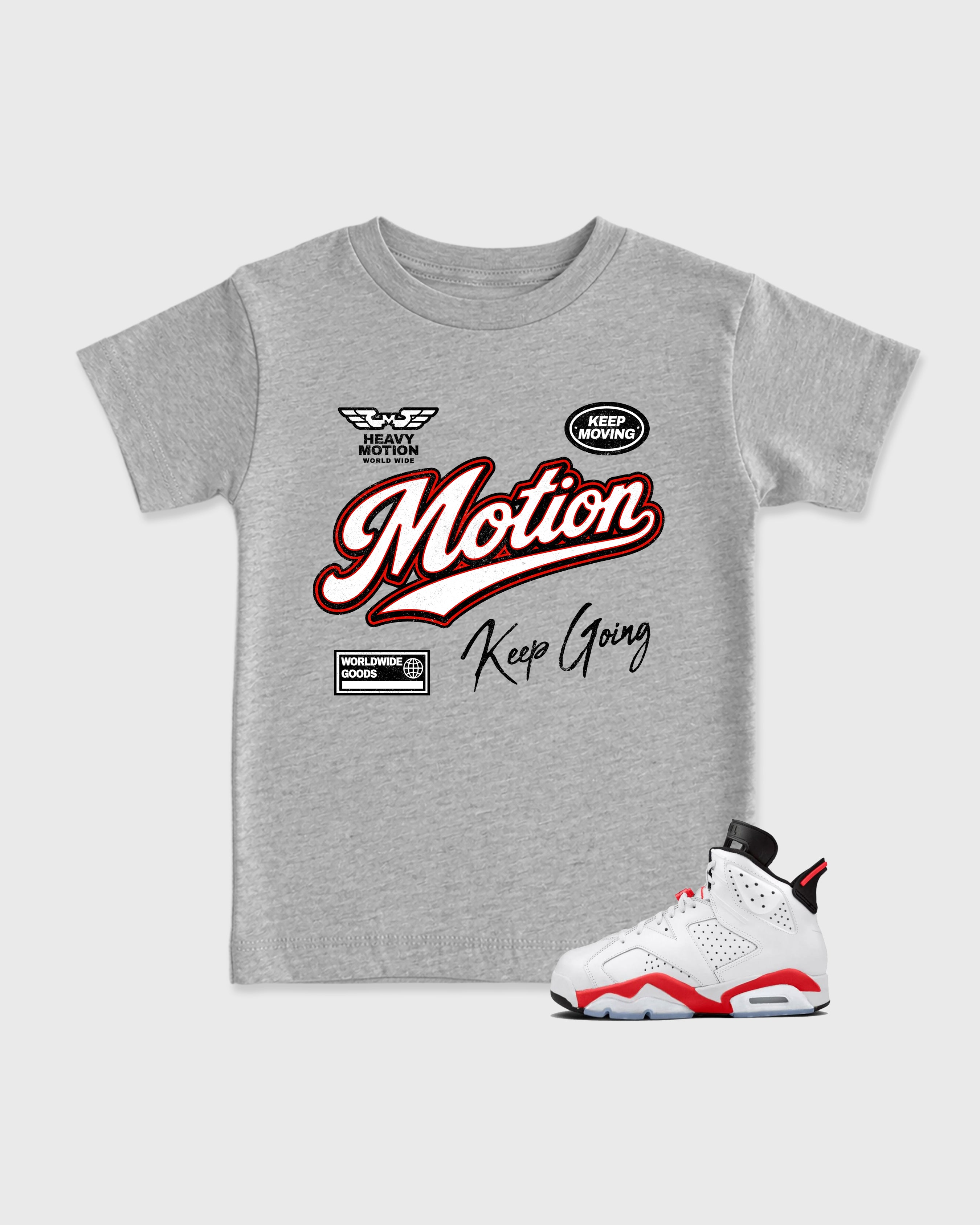 Heavy Motion Baby & Kids Graphic T-Shirt featuring original artwork designed to match the Air Jordan 6 White Infrared. Heather Grey 1 Kids Graphic Tee.