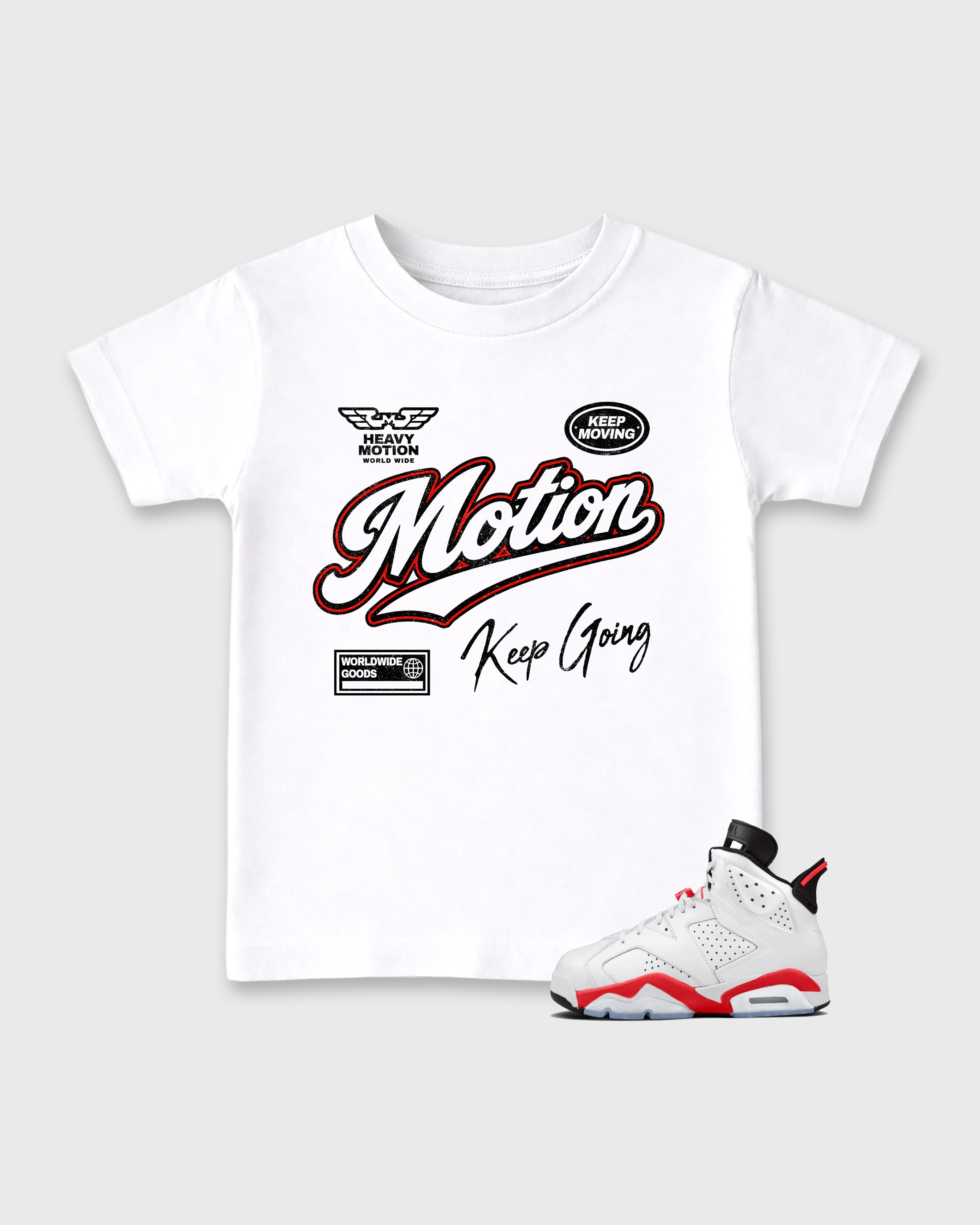 Heavy Motion Baby & Kids Graphic T-Shirt featuring original artwork designed to match the Air Jordan 6 White Infrared. White 1 Kids Graphic Tee.