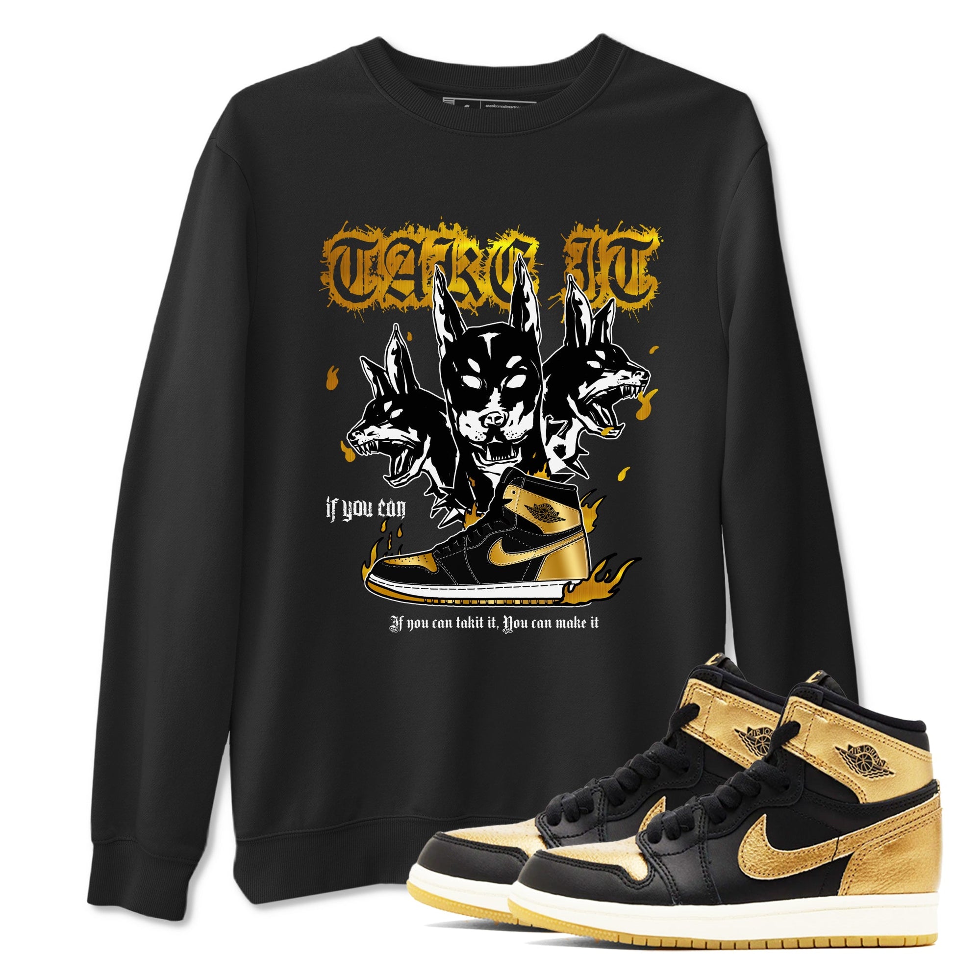 Air Jordan 1 High OG Black Metallic Gold shirts to match jordans Hell Hounds sneaker match tees Air Jordan 1 Retrp Black Metallic Gold Sneaker Shirts SNRT Sneaker Tees streetwear brand Black 1 unisex cotton tee