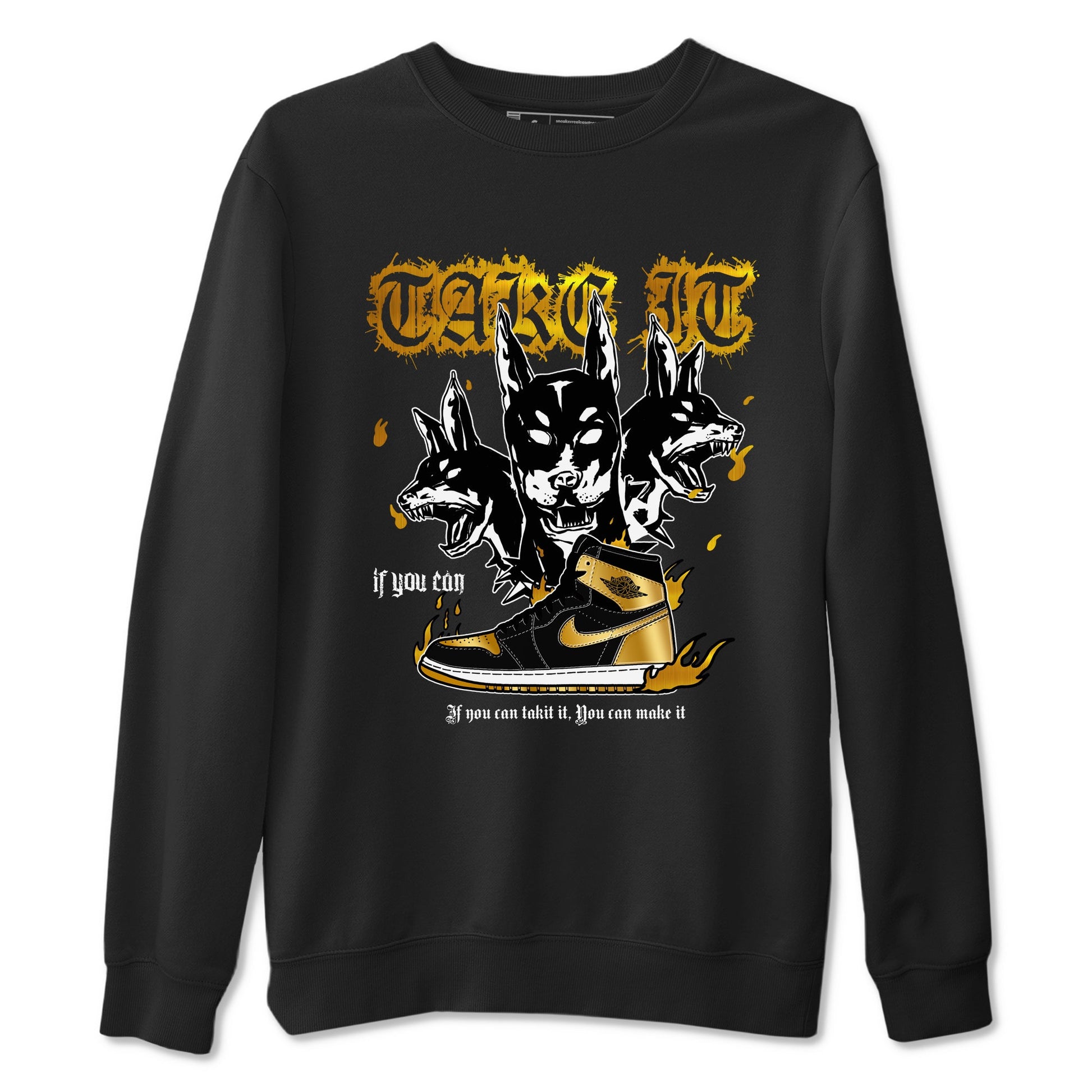 Air Jordan 1 High OG Black Metallic Gold shirts to match jordans Hell Hounds sneaker match tees Air Jordan 1 Retrp Black Metallic Gold Sneaker Shirts SNRT Sneaker Tees streetwear brand Black 2 unisex cotton tee