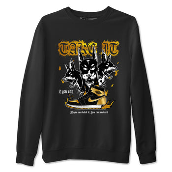 Air Jordan 1 High OG Black Metallic Gold shirts to match jordans Hell Hounds sneaker match tees Air Jordan 1 Retrp Black Metallic Gold Sneaker Shirts SNRT Sneaker Tees streetwear brand Black 2 unisex cotton tee