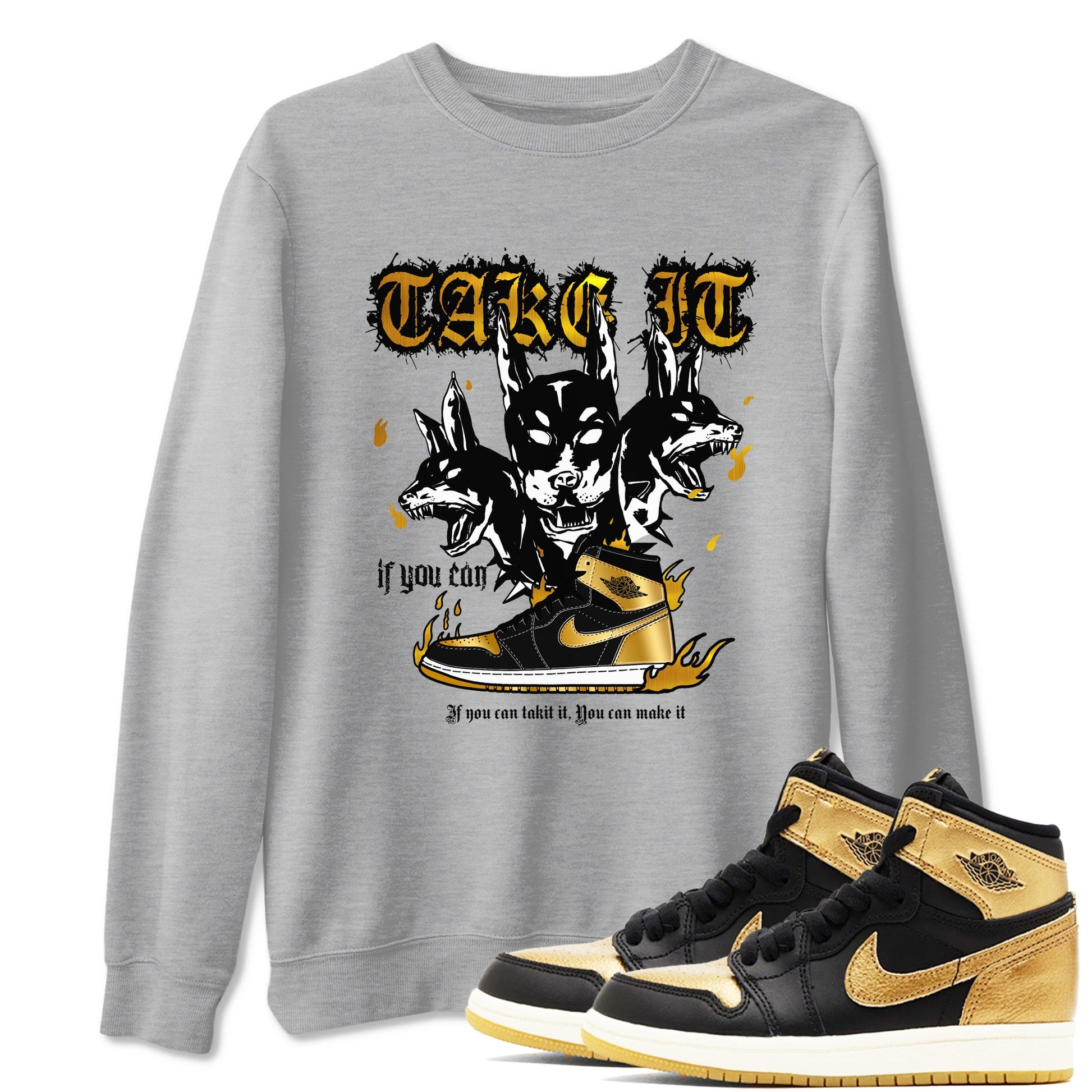 Air Jordan 1 High OG Black Metallic Gold shirts to match jordans Hell Hounds sneaker match tees Air Jordan 1 Retrp Black Metallic Gold Sneaker Shirts SNRT Sneaker Tees streetwear brand Heather Grey 1 unisex cotton tee