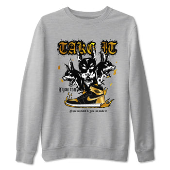 Air Jordan 1 High OG Black Metallic Gold shirts to match jordans Hell Hounds sneaker match tees Air Jordan 1 Retrp Black Metallic Gold Sneaker Shirts SNRT Sneaker Tees streetwear brand Heather Grey 2 unisex cotton tee
