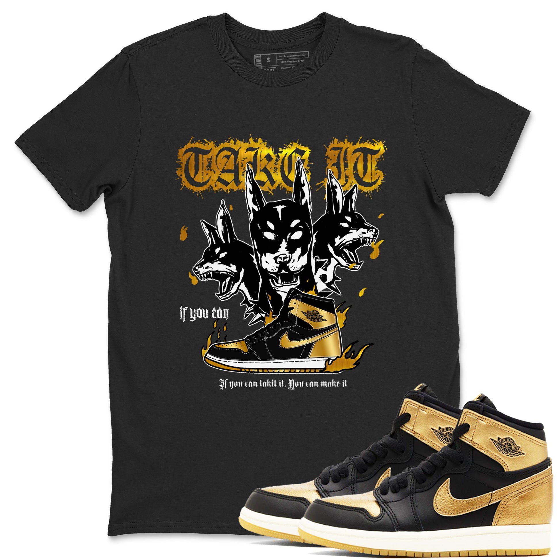 Air Jordan 1 High OG Black Metallic Gold shirts to match jordans Hell Hounds sneaker match tees Air Jordan 1 Retrp Black Metallic Gold Sneaker Shirts SNRT Sneaker Tees streetwear brand Black 1 unisex cotton tee