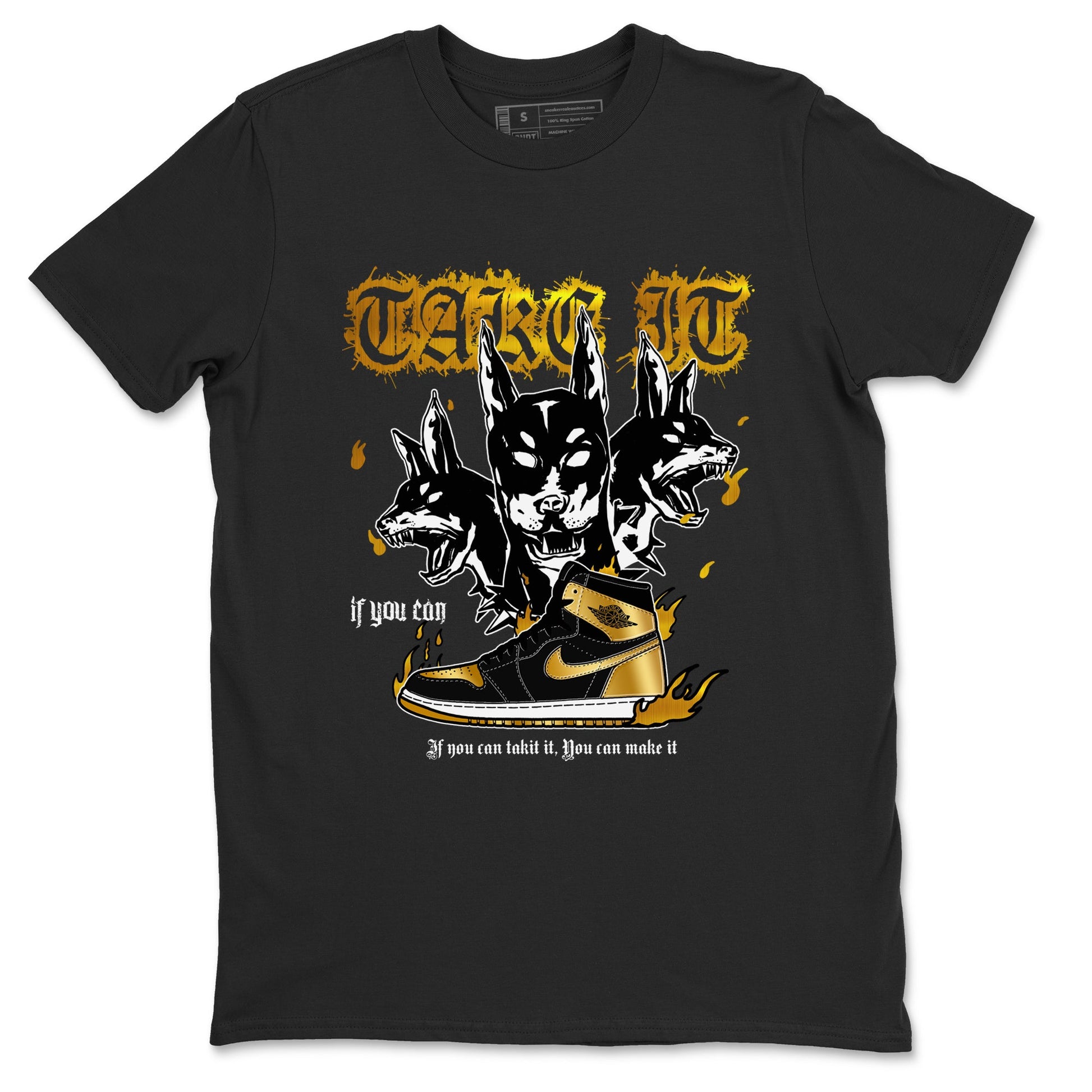 Air Jordan 1 High OG Black Metallic Gold shirts to match jordans Hell Hounds sneaker match tees Air Jordan 1 Retrp Black Metallic Gold Sneaker Shirts SNRT Sneaker Tees streetwear brand Black 2 unisex cotton tee