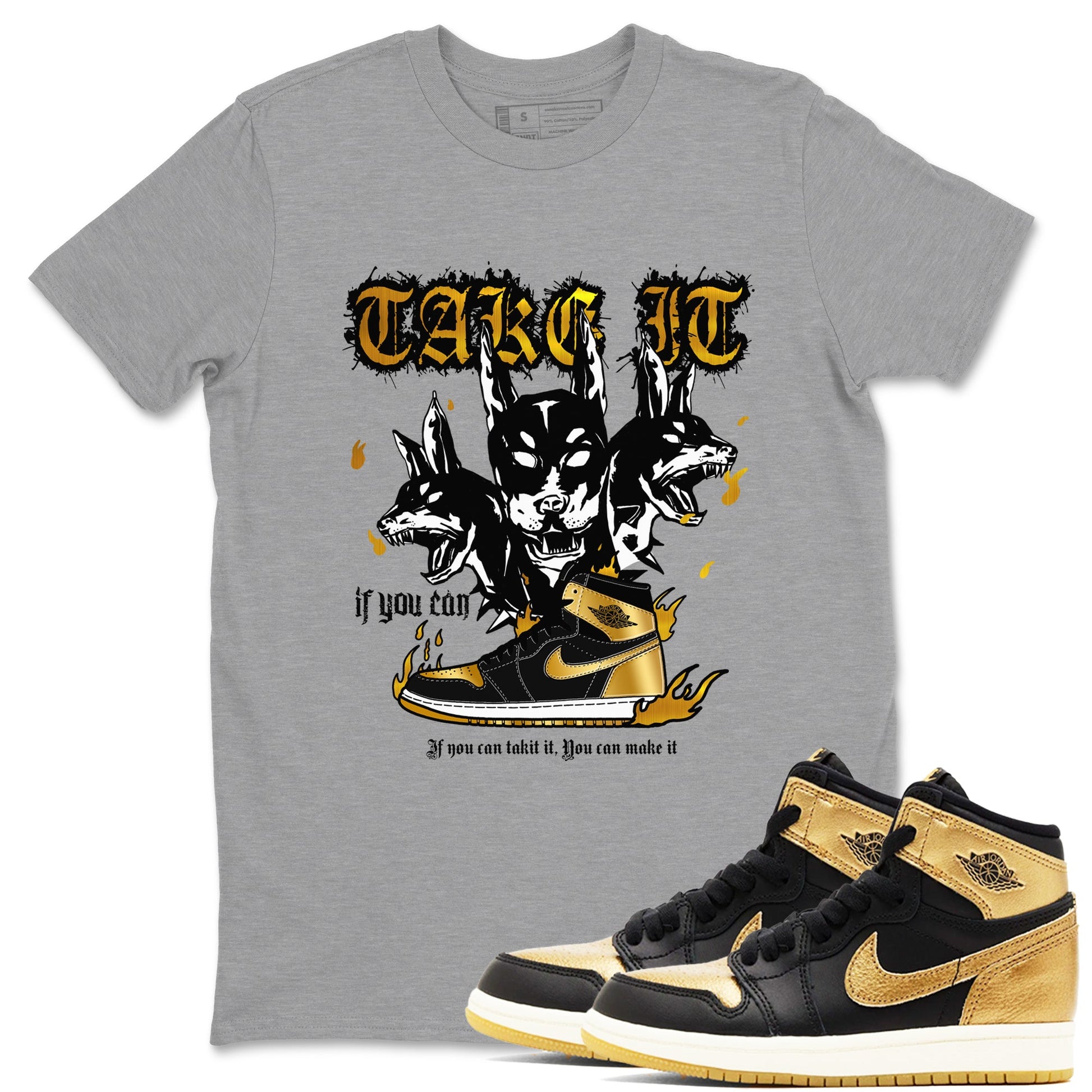 Air Jordan 1 High OG Black Metallic Gold shirts to match jordans Hell Hounds sneaker match tees Air Jordan 1 Retrp Black Metallic Gold Sneaker Shirts SNRT Sneaker Tees streetwear brand Heather Grey 1 unisex cotton tee