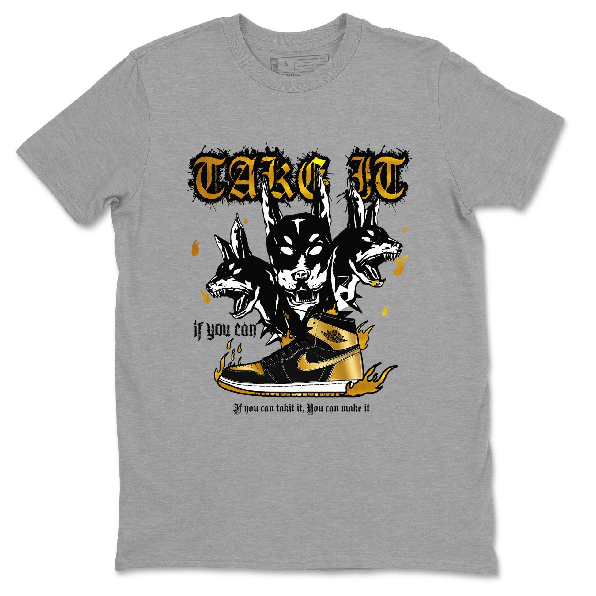 Air Jordan 1 High OG Black Metallic Gold shirts to match jordans Hell Hounds sneaker match tees Air Jordan 1 Retrp Black Metallic Gold Sneaker Shirts SNRT Sneaker Tees streetwear brand Heather Grey 2 unisex cotton tee