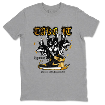 Air Jordan 1 High OG Black Metallic Gold shirts to match jordans Hell Hounds sneaker match tees Air Jordan 1 Retrp Black Metallic Gold Sneaker Shirts SNRT Sneaker Tees streetwear brand Heather Grey 2 unisex cotton tee