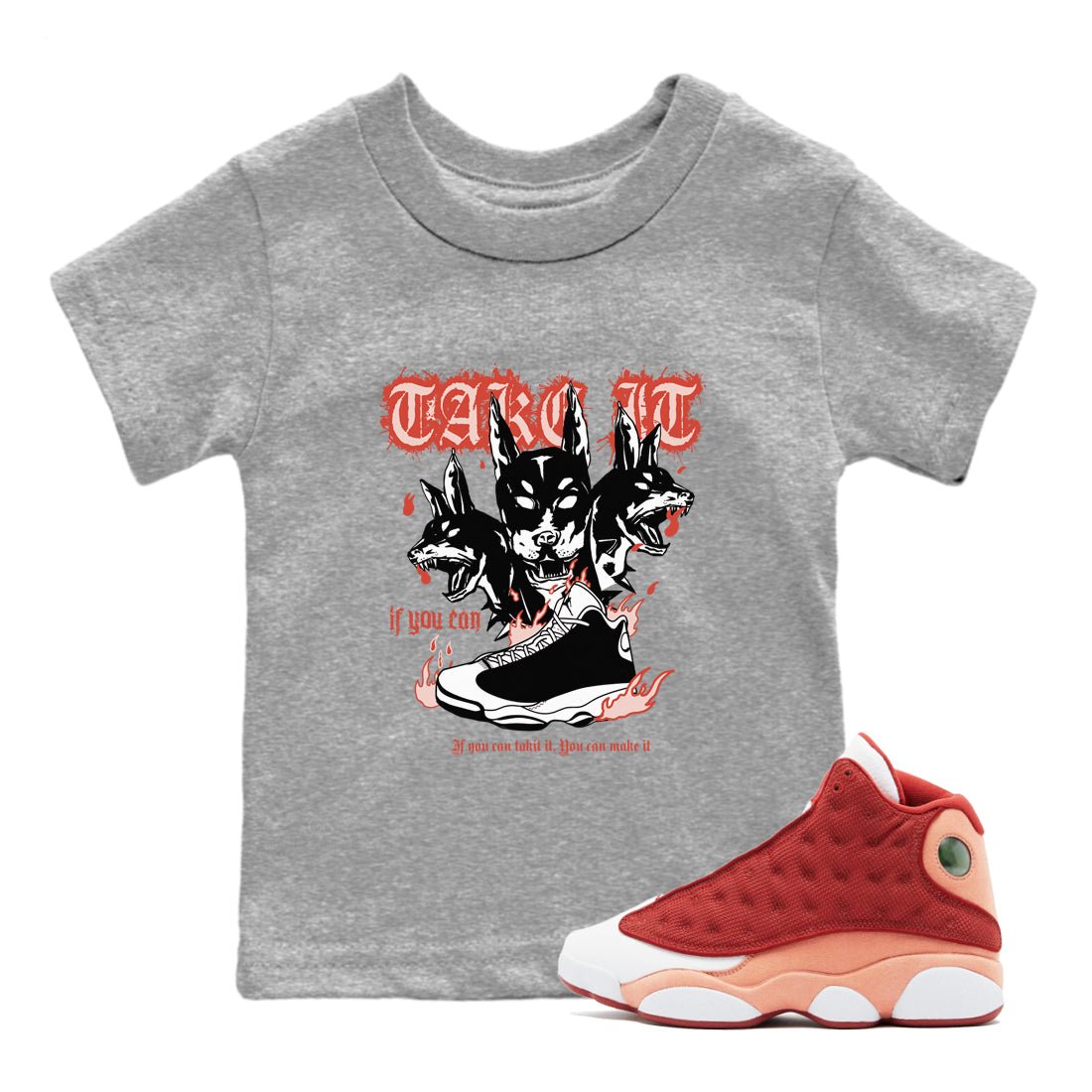 Air Jordan 13 Dune Red shirts to match jordans Hell Hounds sneaker match tees AJ13 Dune Red Sneaker Shirts SNRT Sneaker Tees streetwear brand Baby and Youth Heather Grey 1 cotton tee