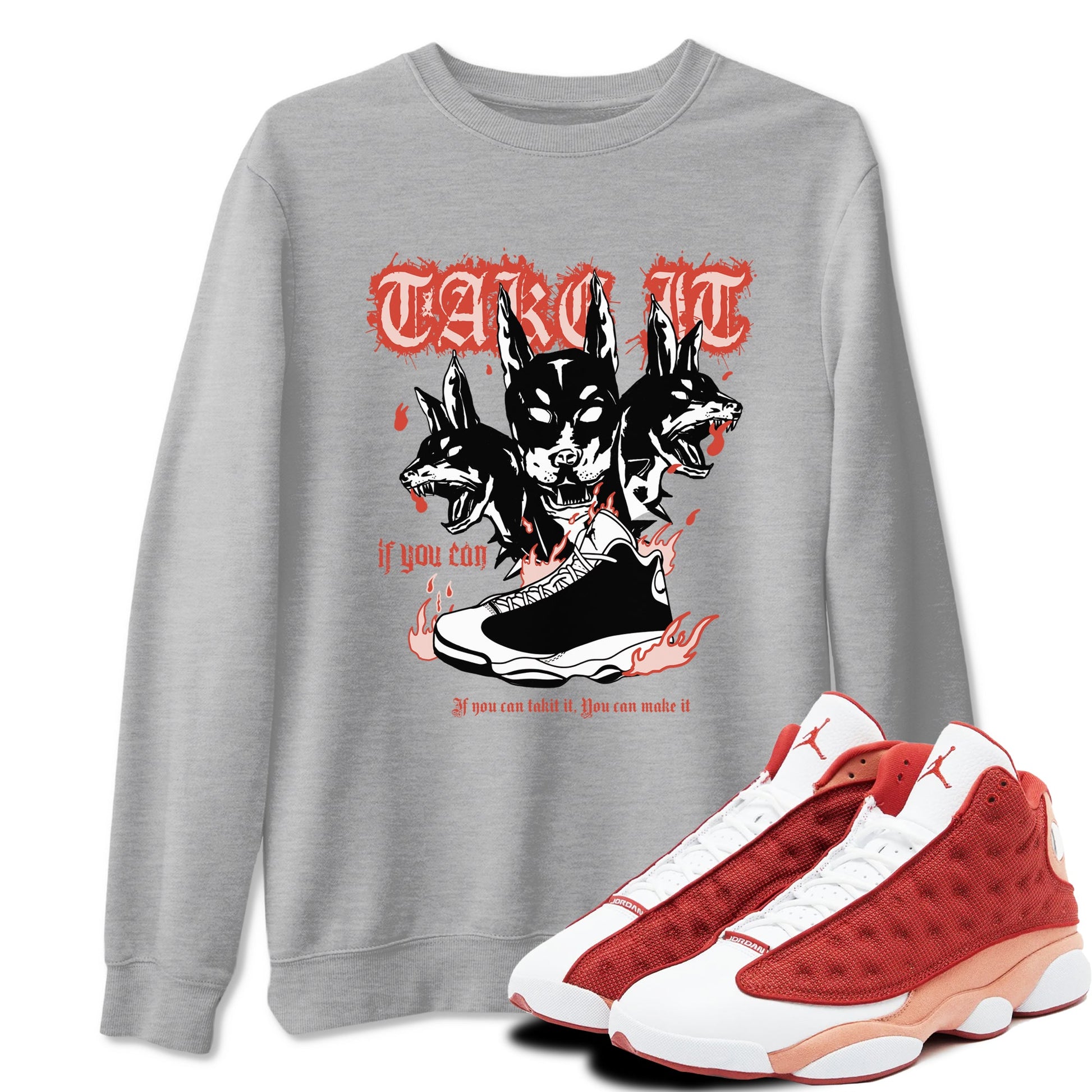 Air Jordan 13 Dune Red shirts to match jordans Hell Hounds sneaker match tees AJ13 Dune Red Sneaker Shirts SNRT Sneaker Tees streetwear brand Heather Grey 1 unisex cotton tee