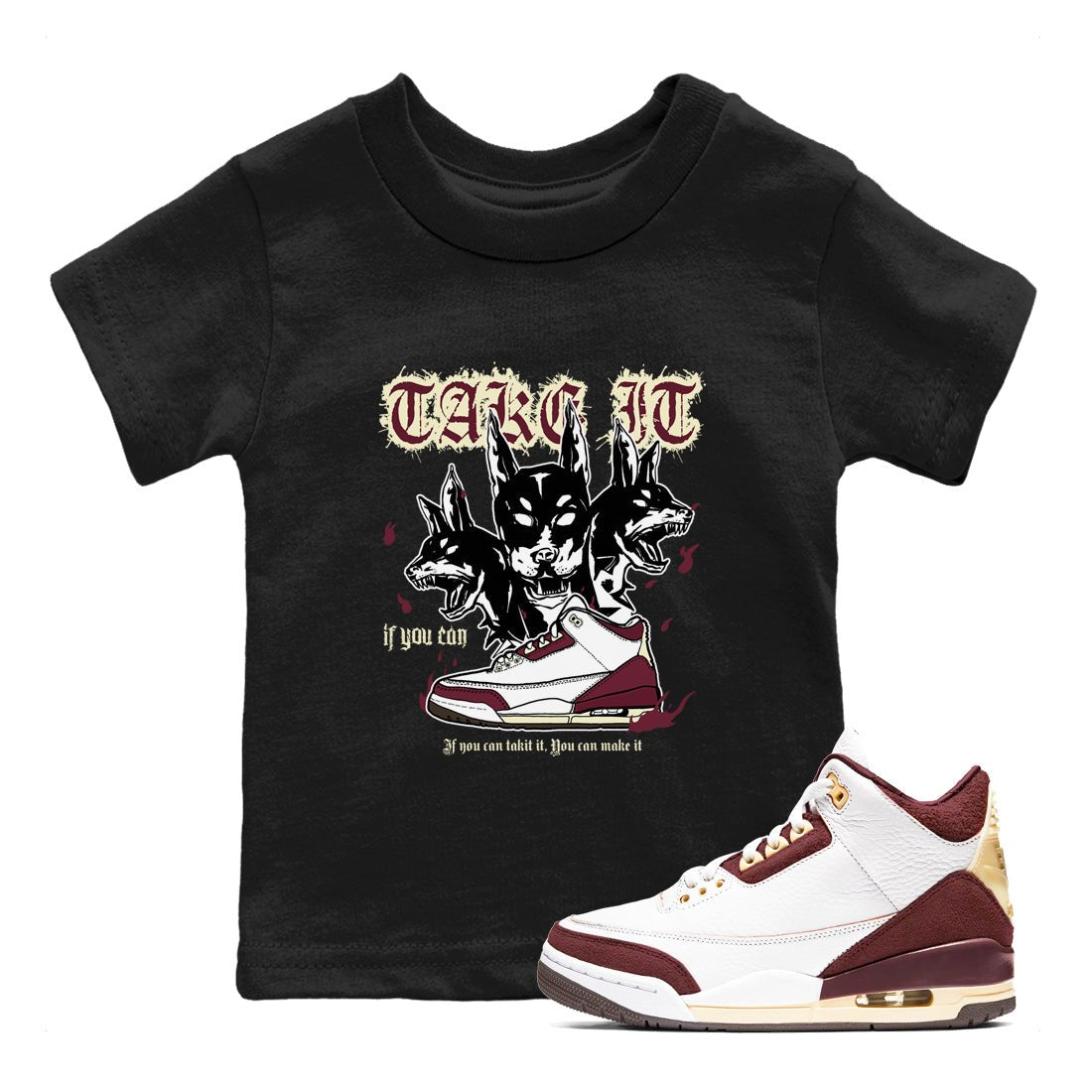 AJ3 A Ma Maniere x Burgundy Crush shirts to match jordans Hell Hounds sneaker match tees A Ma Maniére x Air Jordan 3 "Burgundy Crush" SNRT Sneaker Tees streetwear brand Baby and Youth Black 1 cotton tee