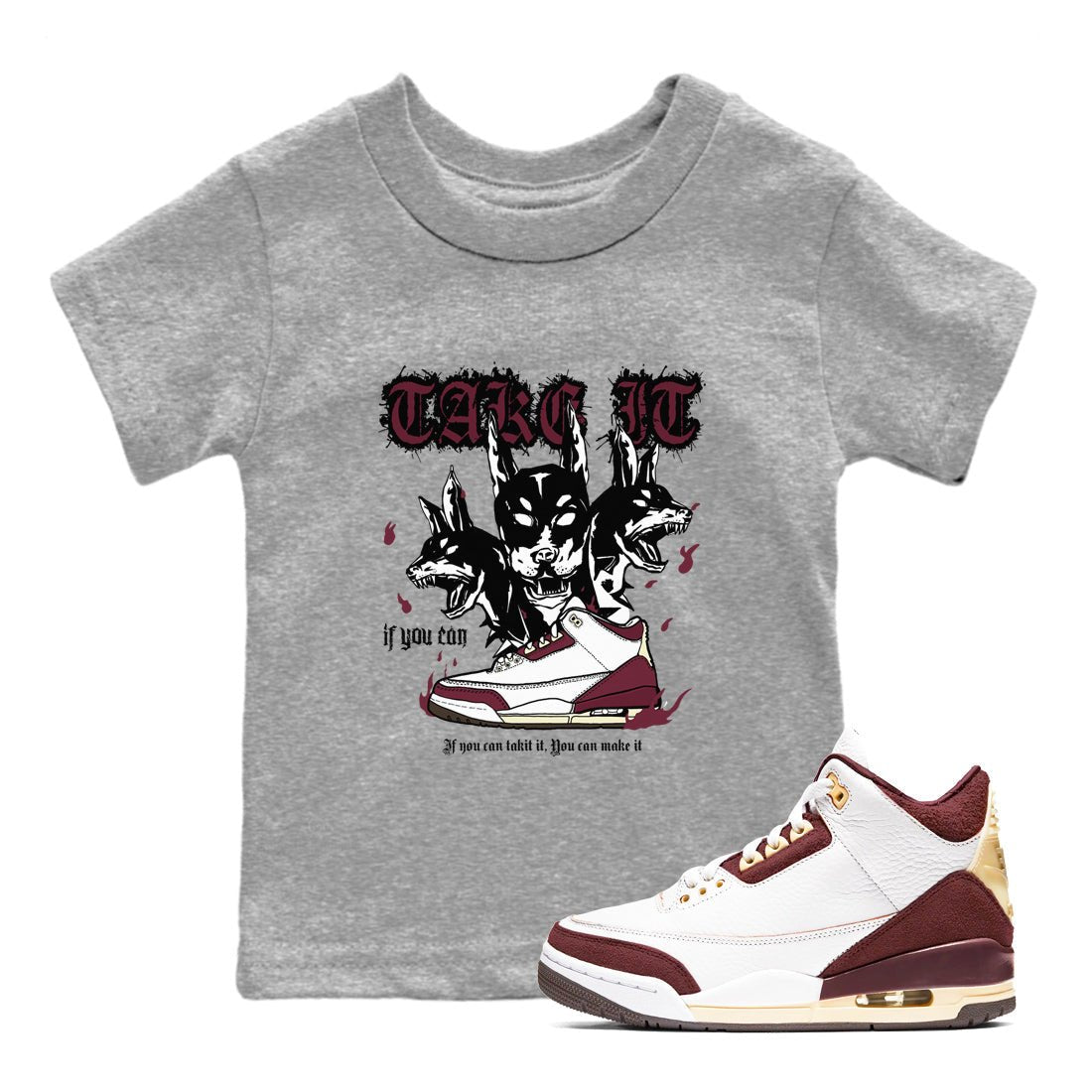 AJ3 A Ma Maniere x Burgundy Crush shirts to match jordans Hell Hounds sneaker match tees A Ma Maniére x Air Jordan 3 "Burgundy Crush" SNRT Sneaker Tees streetwear brand Baby and Youth Heather Grey 1 cotton tee
