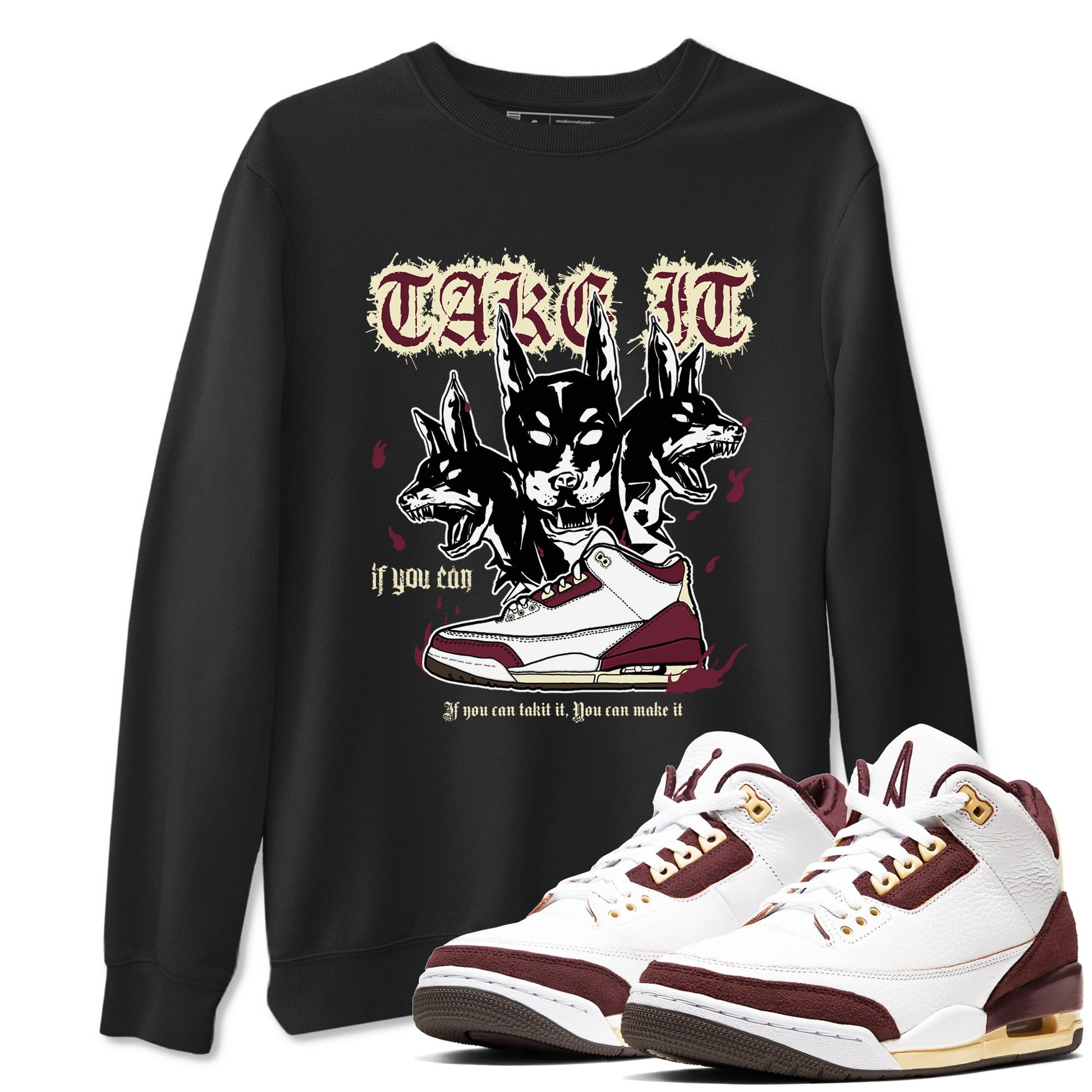 AJ3 A Ma Maniere x Burgundy Crush shirts to match jordans Hell Hounds sneaker match tees A Ma Maniére x Air Jordan 3 "Burgundy Crush" SNRT Sneaker Tees streetwear brand Black 1 unisex cotton tee