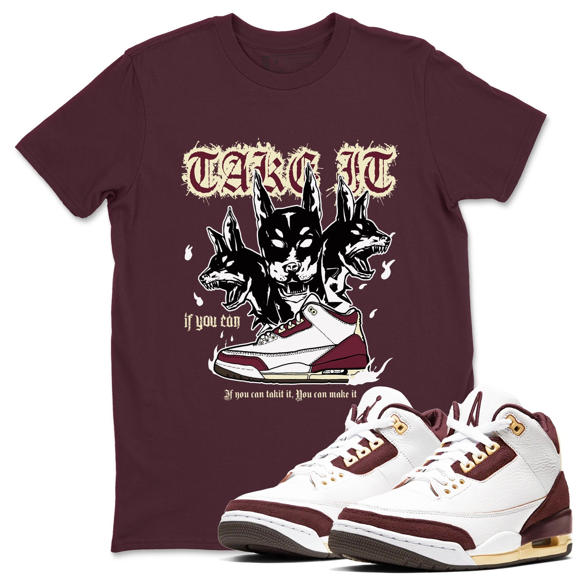 AJ3 A Ma Maniere x Burgundy Crush shirts to match jordans Hell Hounds sneaker match tees A Ma Maniére x Air Jordan 3 "Burgundy Crush" SNRT Sneaker Tees streetwear brand Maroon 1 unisex cotton tee