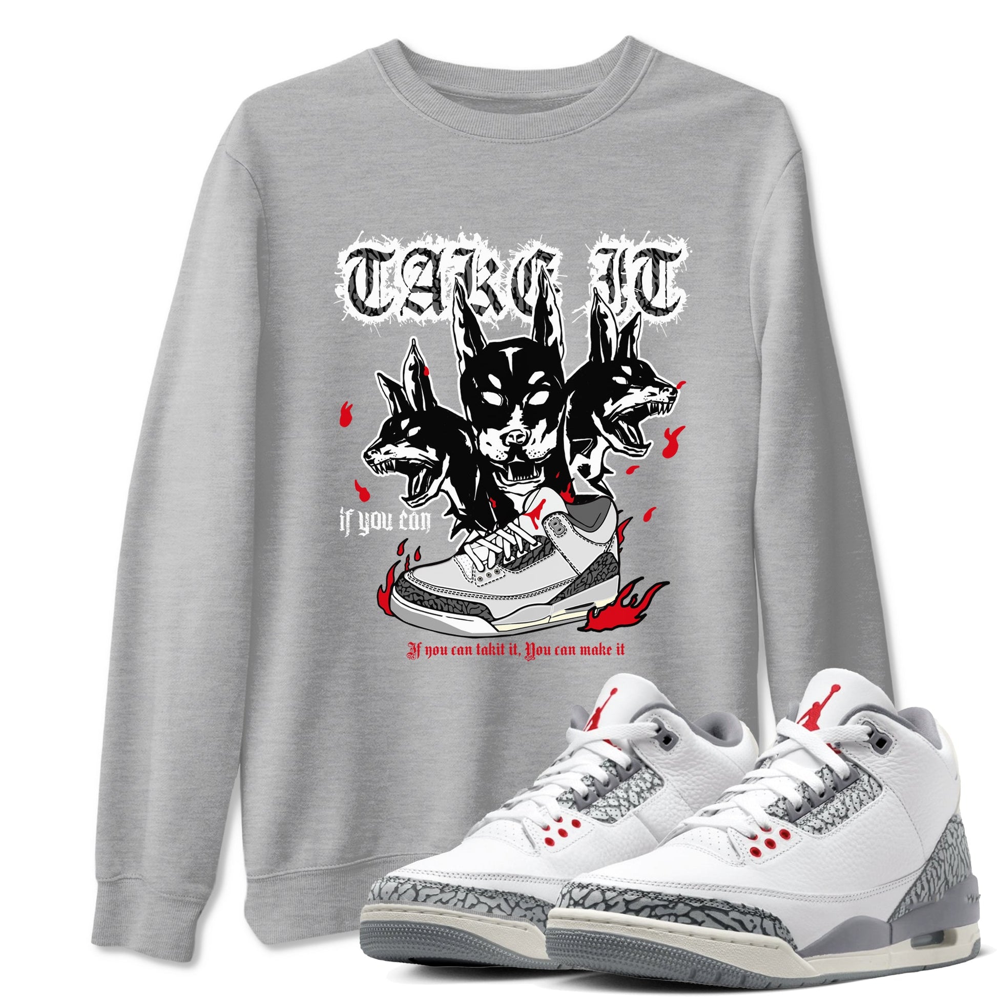 3s Cement Grey shirts to match jordans Hell Hounds sneaker match tees Air Jordan 3 Cement Grey SNRT Sneaker Tees streetwear brand Heather Grey 1 unisex cotton tee
