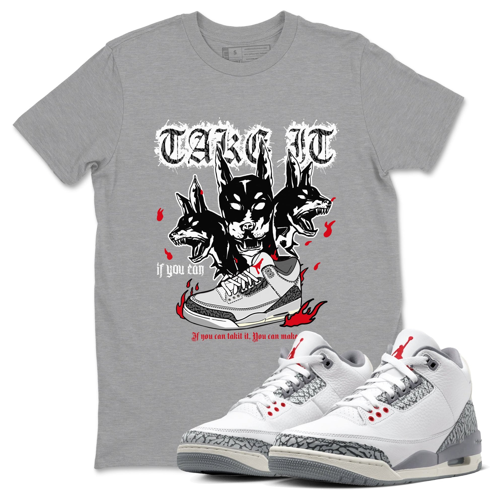 3s Cement Grey shirts to match jordans Hell Hounds sneaker match tees Air Jordan 3 Cement Grey SNRT Sneaker Tees streetwear brand Heather Grey 1 unisex cotton tee