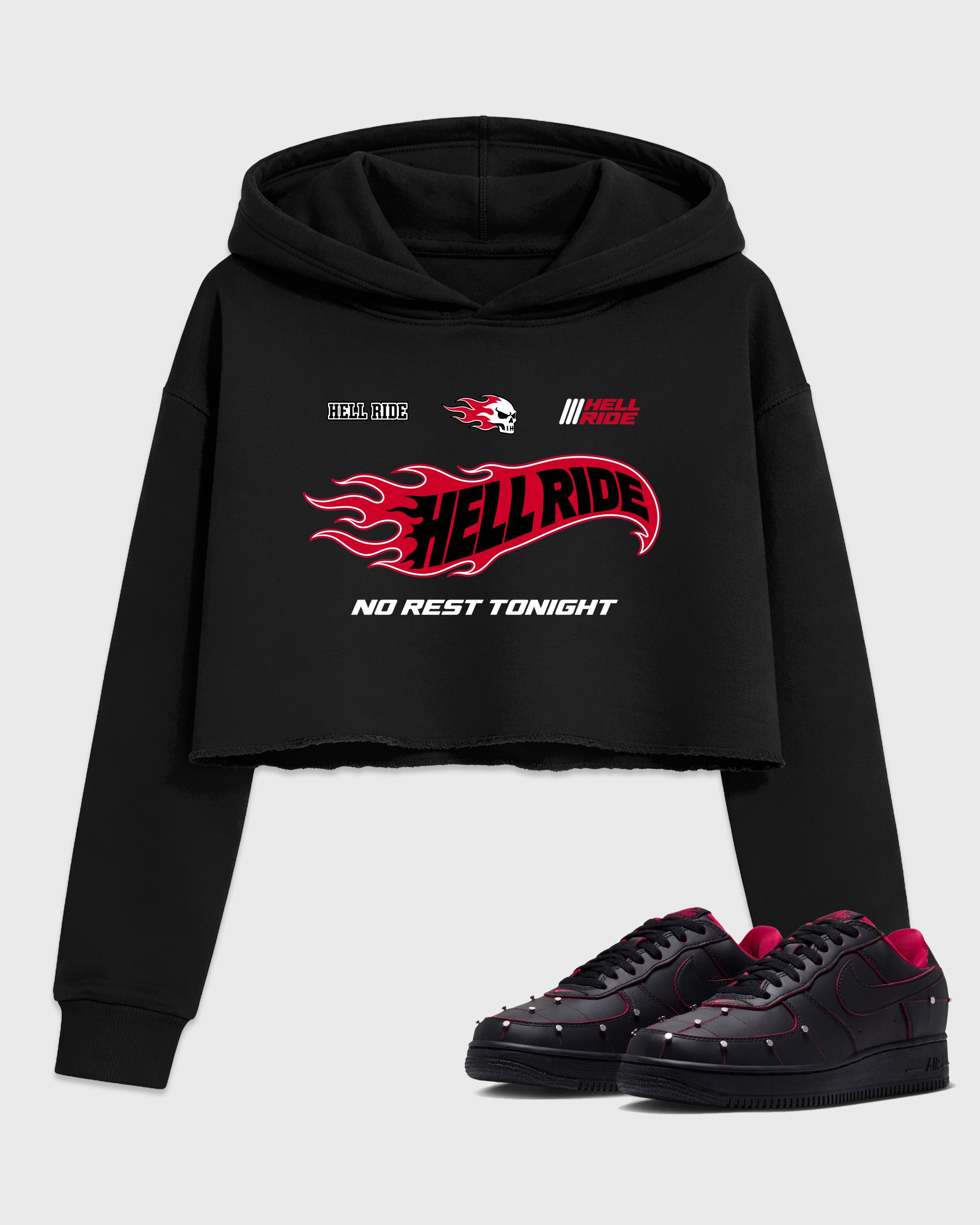 Hell Ride Women’s Graphic Crop Tee featuring original streetwear artwork designed to match the Air Force 1 Nightmare. Black 1 Crop Tee.