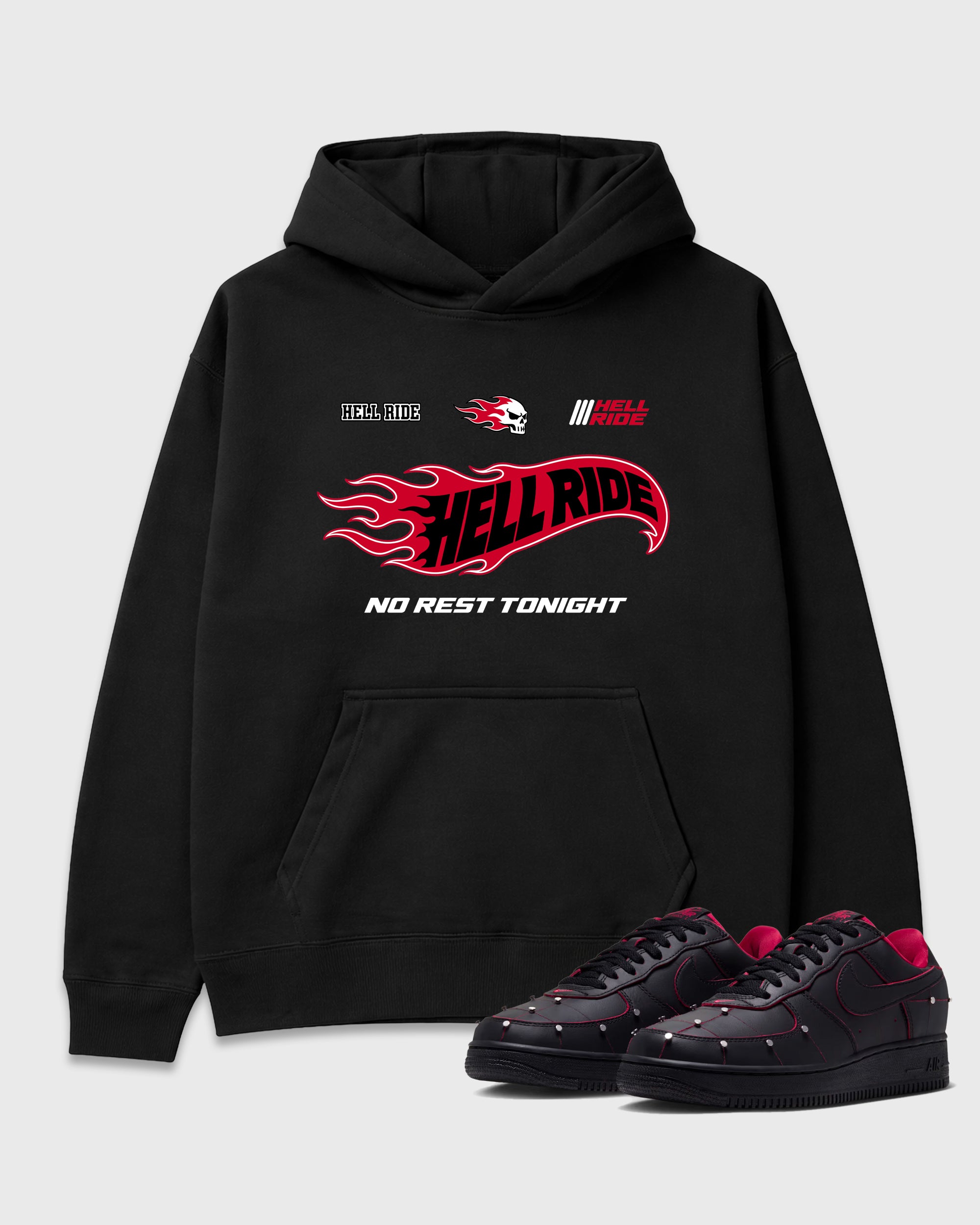 Hell Ride Graphic T-Shirt featuring original streetwear artwork designed to match the Air Force 1 Nightmare. Black 1 Graphic Tee.