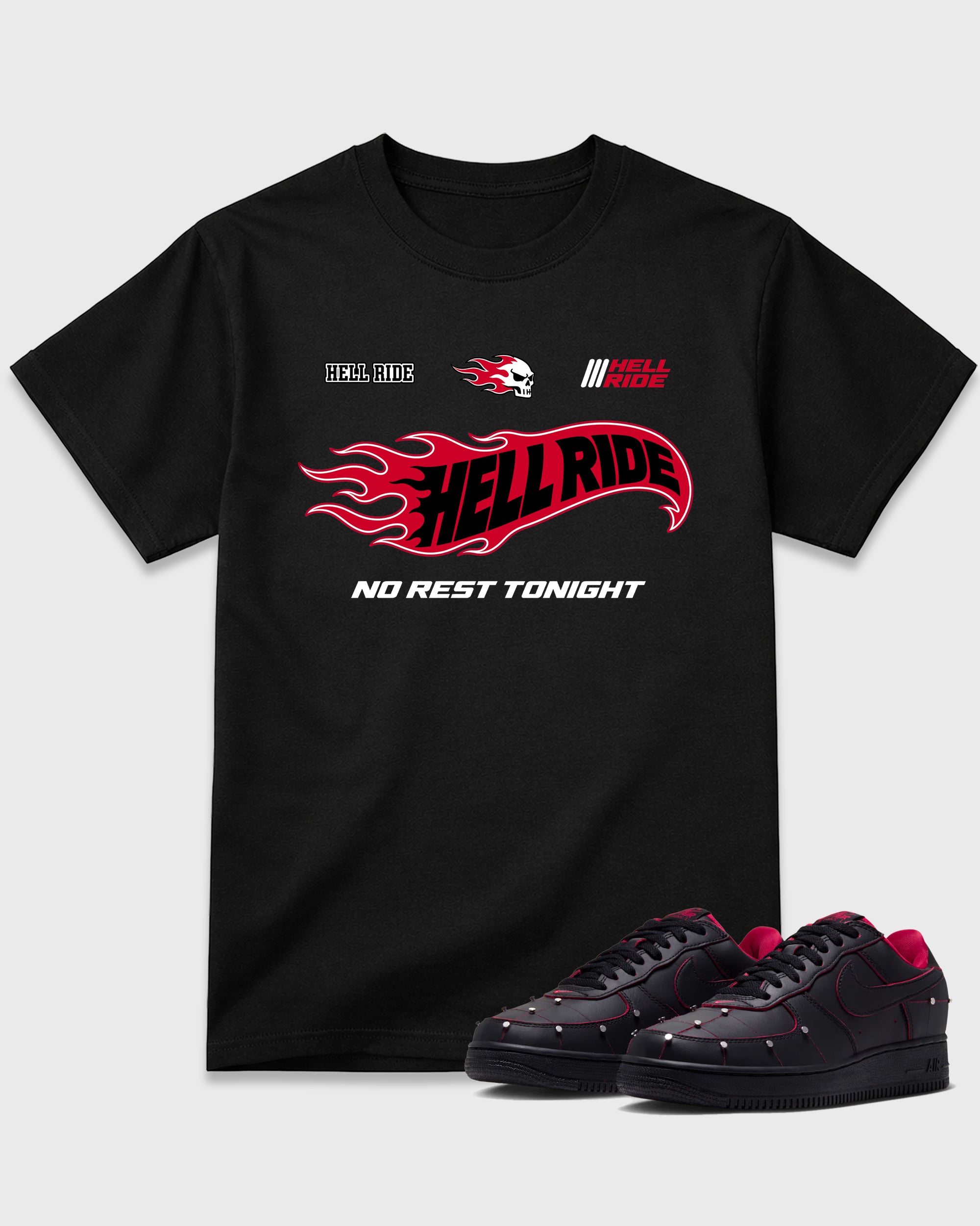 Hell Ride Graphic T-Shirt featuring original streetwear artwork designed to match the Air Force 1 Nightmare. Black 1 Graphic T-Shirt.