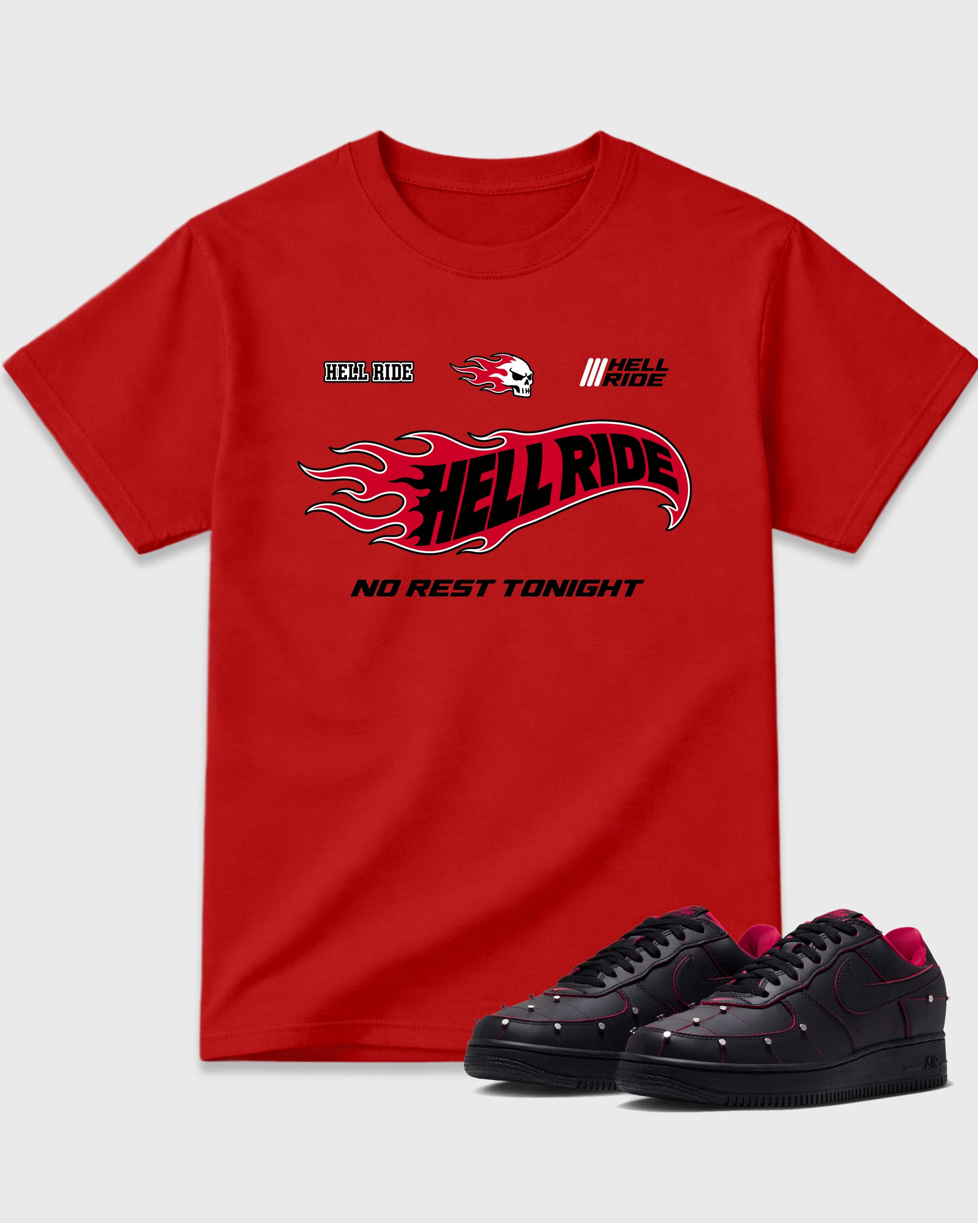Hell Ride Graphic T-Shirt featuring original streetwear artwork designed to match the Air Force 1 Nightmare. Red 1 Graphic T-Shirt.
