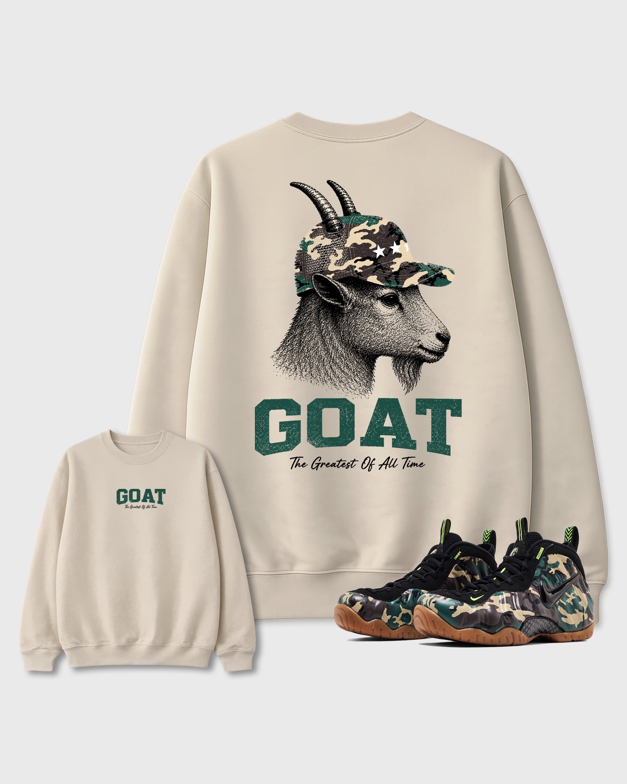 Heritage GOAT Natural Graphic Sweatshirt - 1, a sneaker matching sweatshirt designed to coordinate with Air Foamposite Pro Green Camo sneakers for a complete sneaker outfit.