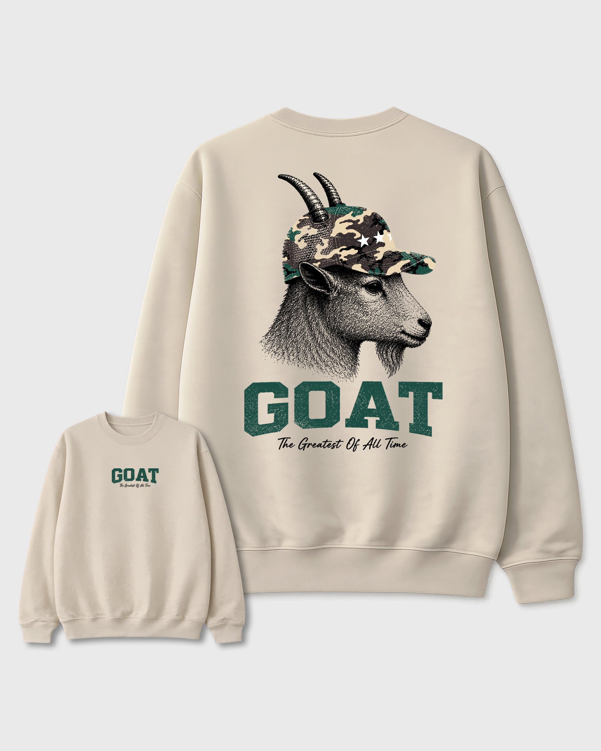 Heritage GOAT Natural Graphic Sweatshirt - 1, a sneaker matching sweatshirt designed to coordinate with Air Foamposite Pro Green Camo sneakers for a complete sneaker outfit.