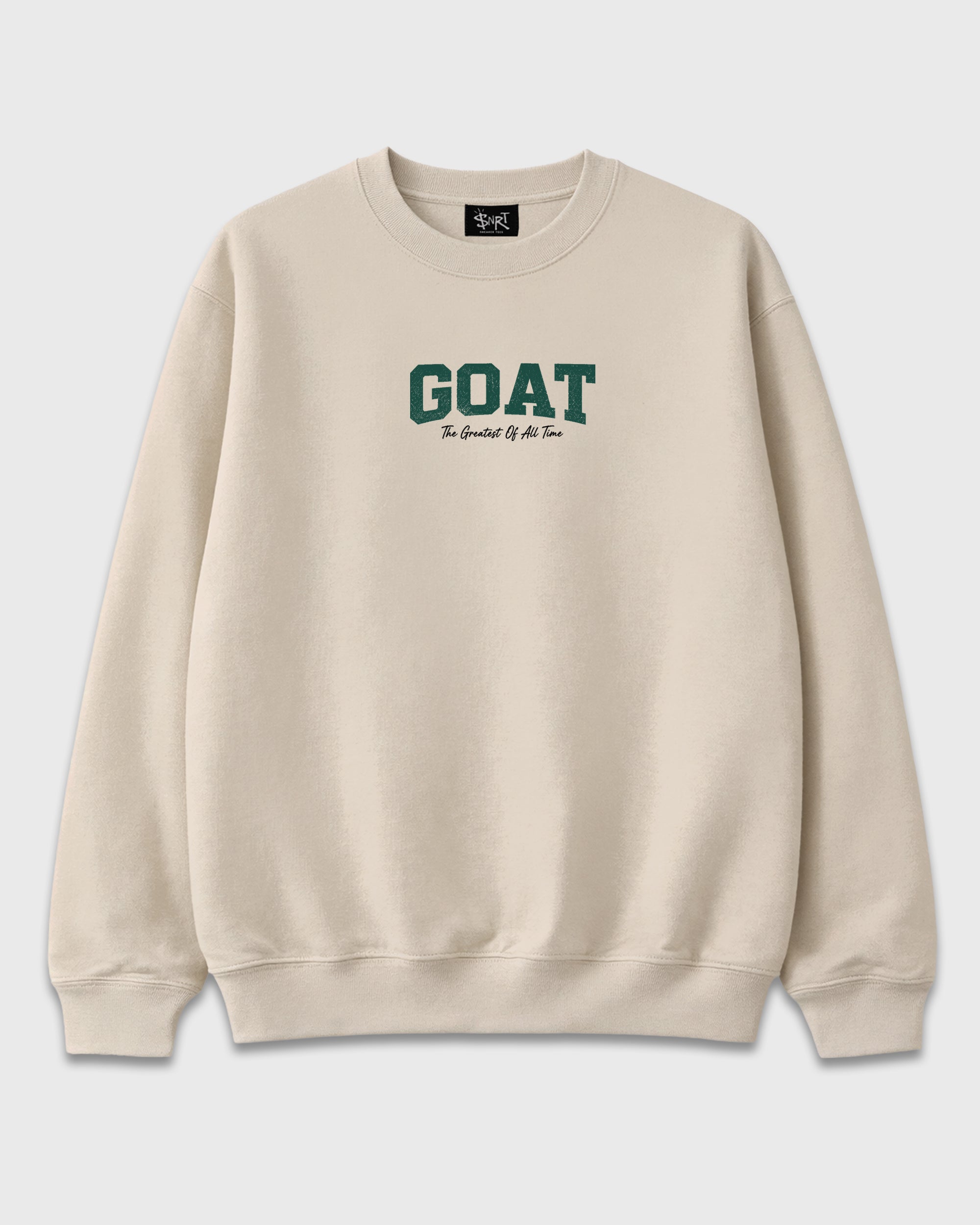 Heritage GOAT Natural Graphic Sweatshirt - 2, featuring original SNRT artwork created to pair with Air Foamposite Pro Green Camo sneakers and everyday streetwear styling.