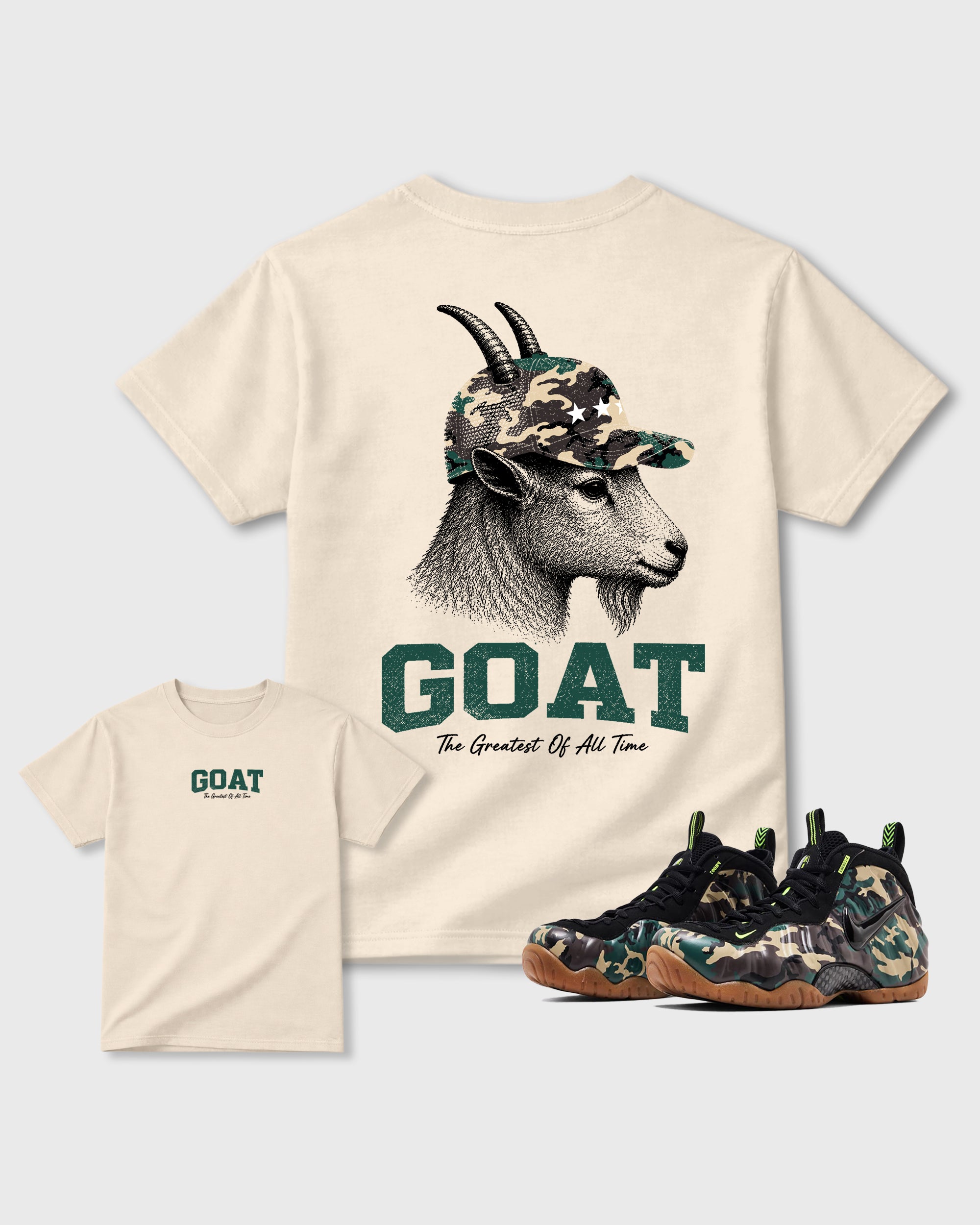 Heritage GOAT Natural Graphic T-Shirt - 1, sneaker matching tee designed to match Air Foamposite Pro Green Camo sneakers for a coordinated sneaker outfit.